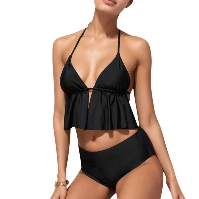 Anna-Kaci Swim Women's Halter Bikini Set with Ruffle Tank Style Top and High Waist Bottoms sold by Anna-Kaci