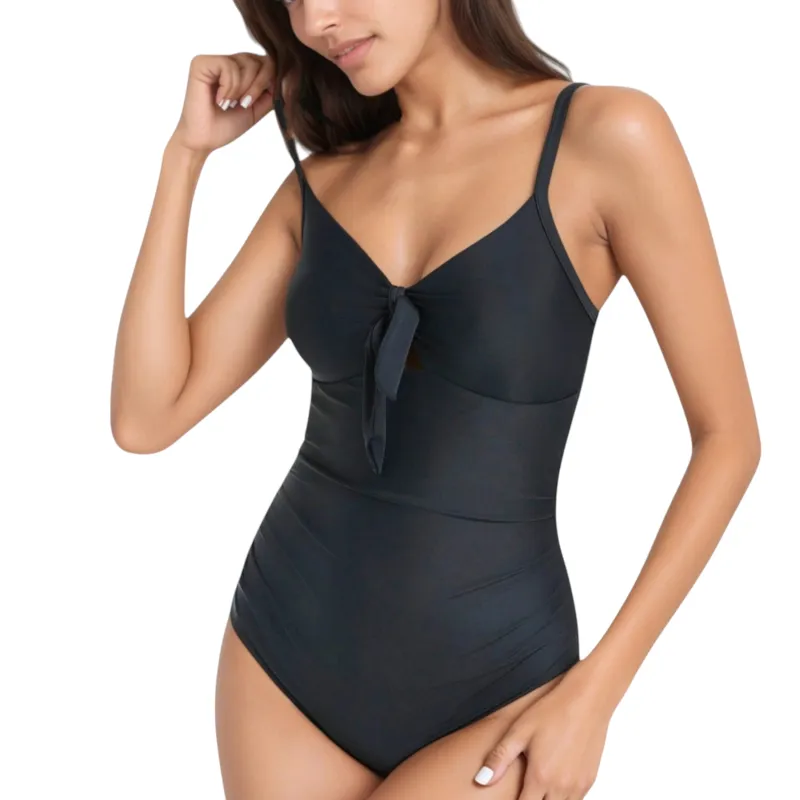 Anna-Kaci Swim Women's V-Neck One Piece Swimsuit with Front Tie Detail and Subtle Ruching sold by Anna-Kaci