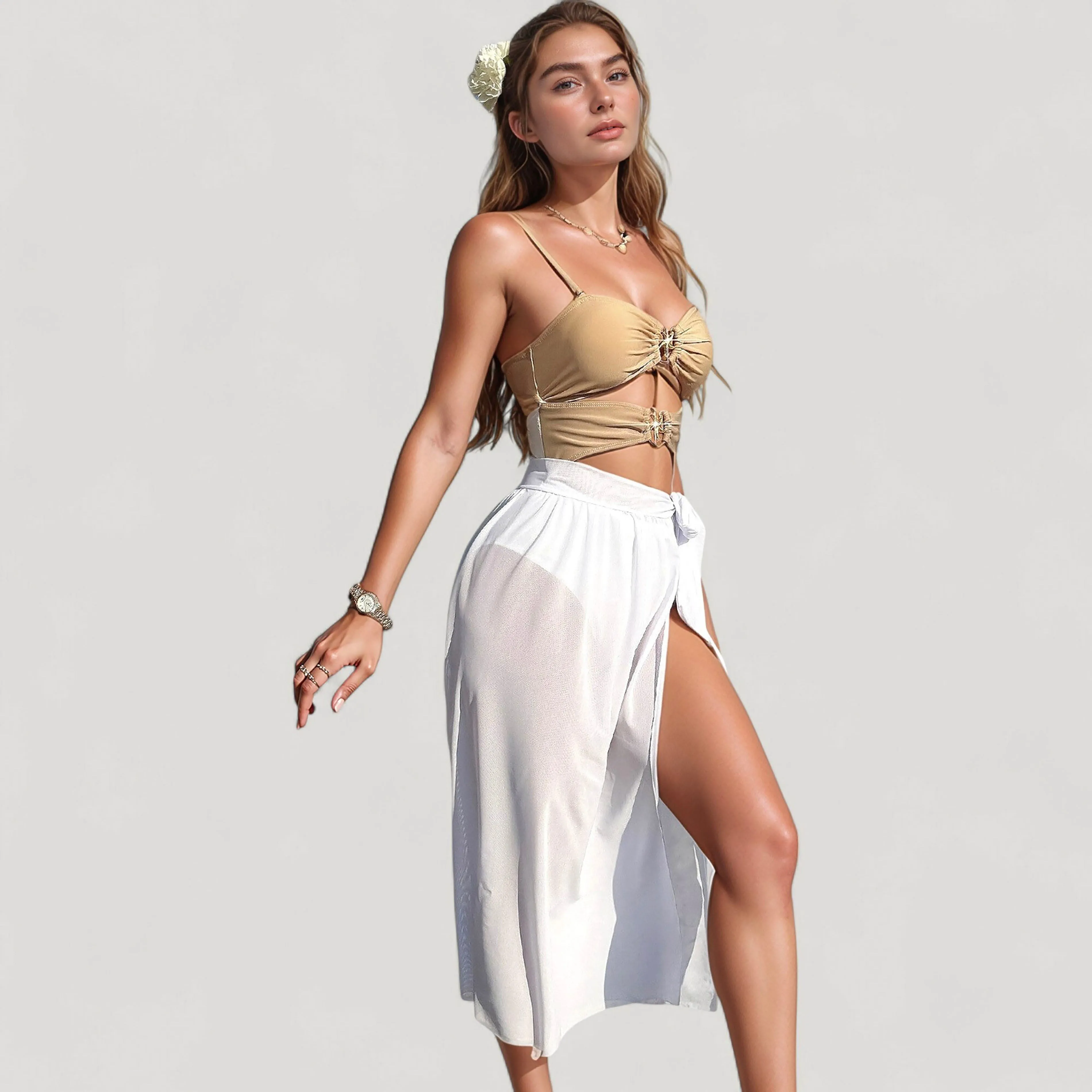 Anna-Kaci Women's Bikini Top with Jewel Ring Accents and Sheer Wrap Skirt Cover-Up Set sold by Anna-Kaci product image thumbnail 3