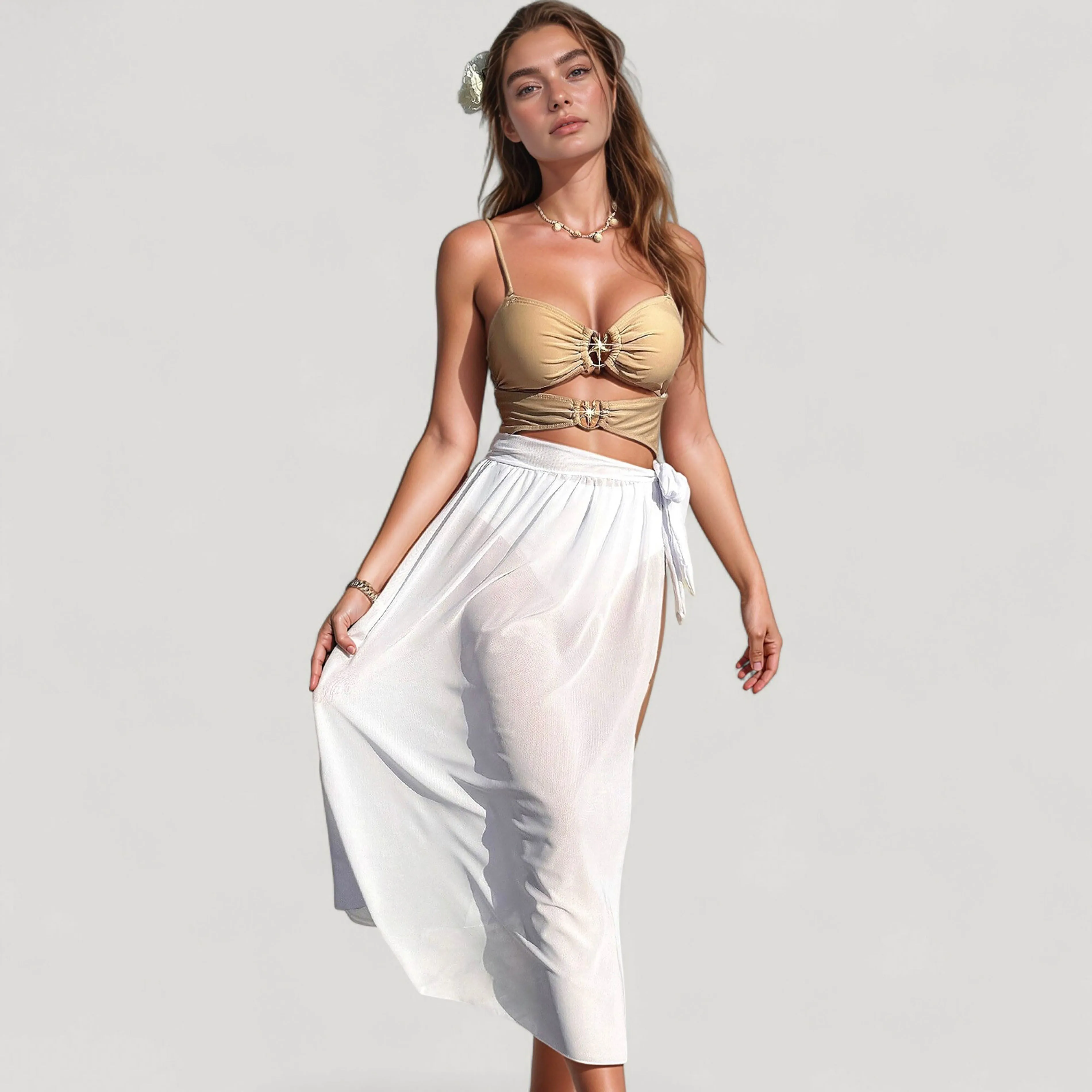 Anna-Kaci Women's Bikini Top with Jewel Ring Accents and Sheer Wrap Skirt Cover-Up Set sold by Anna-Kaci product image thumbnail 2