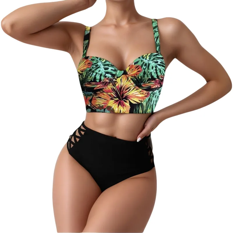 Anna-Kaci Women's Tropical Print Longline Bikini Top with High Waist Bottom and Lattice Side Details sold by Anna-Kaci