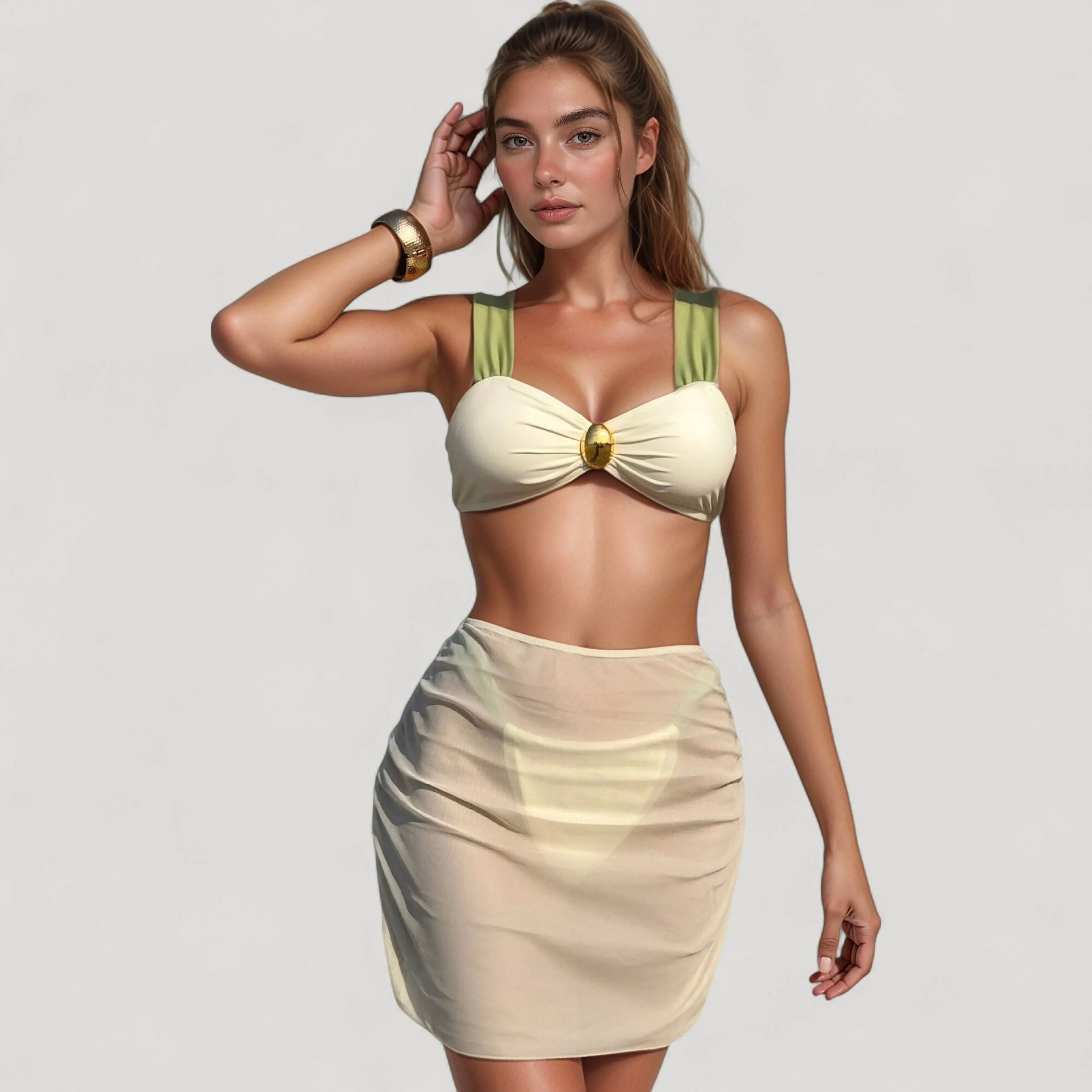 Anna-Kaci Women's Retro Three-Piece Swimsuit Set with Wide Strap Bikini Top Ruched Sheer Skirt and Jewel Accent sold by Anna-Kaci product image thumbnail 2