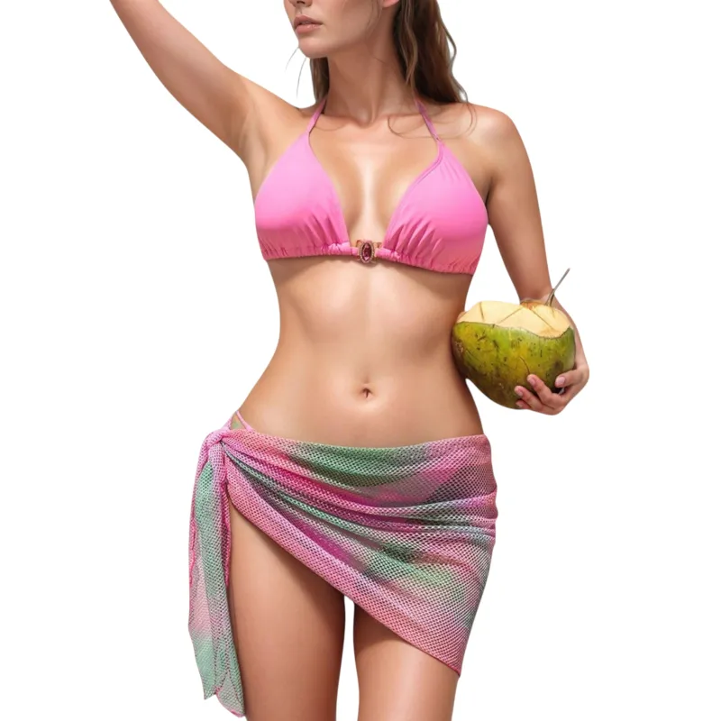 Anna-Kaci Women's Triangle Bikini Top with Jewel Center Ring and Mesh Tie Sarong Cover Up Set sold by Anna-Kaci