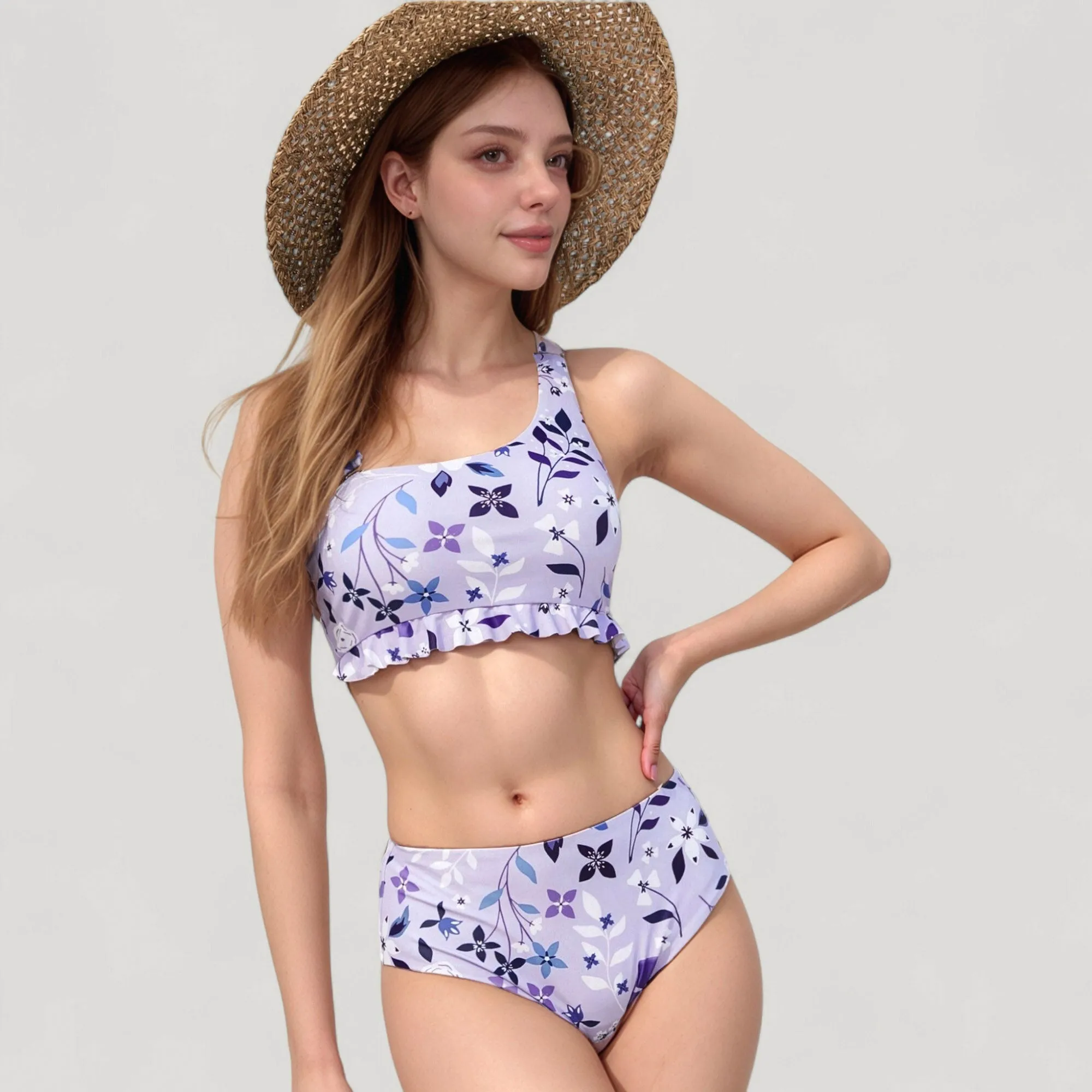 Anna-Kaci Swim Women's Floral Print Ruffle Trim Bikini Set with Scoop Neck Crop Top and High Waist Bottom sold by Anna-Kaci product image thumbnail 4