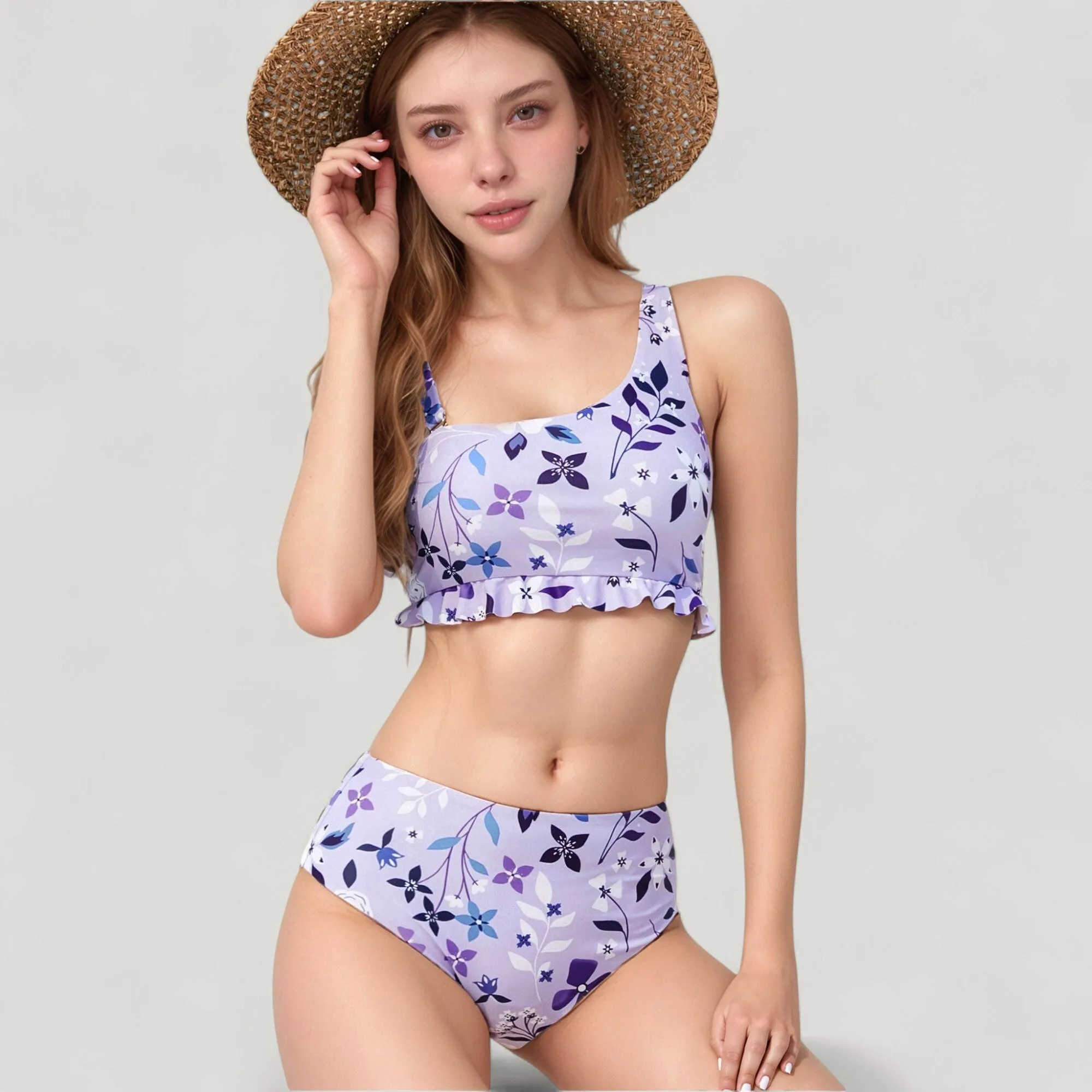 Anna-Kaci Swim Women's Floral Print Ruffle Trim Bikini Set with Scoop Neck Crop Top and High Waist Bottom sold by Anna-Kaci product image thumbnail 2