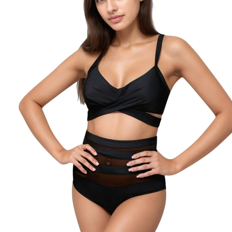 Anna-Kaci Swim Women's Wrap Bikini Top with Mesh High Waist Bottom for Sleek and Modern Two-Piece Swimsuit Look sold by Anna-Kaci