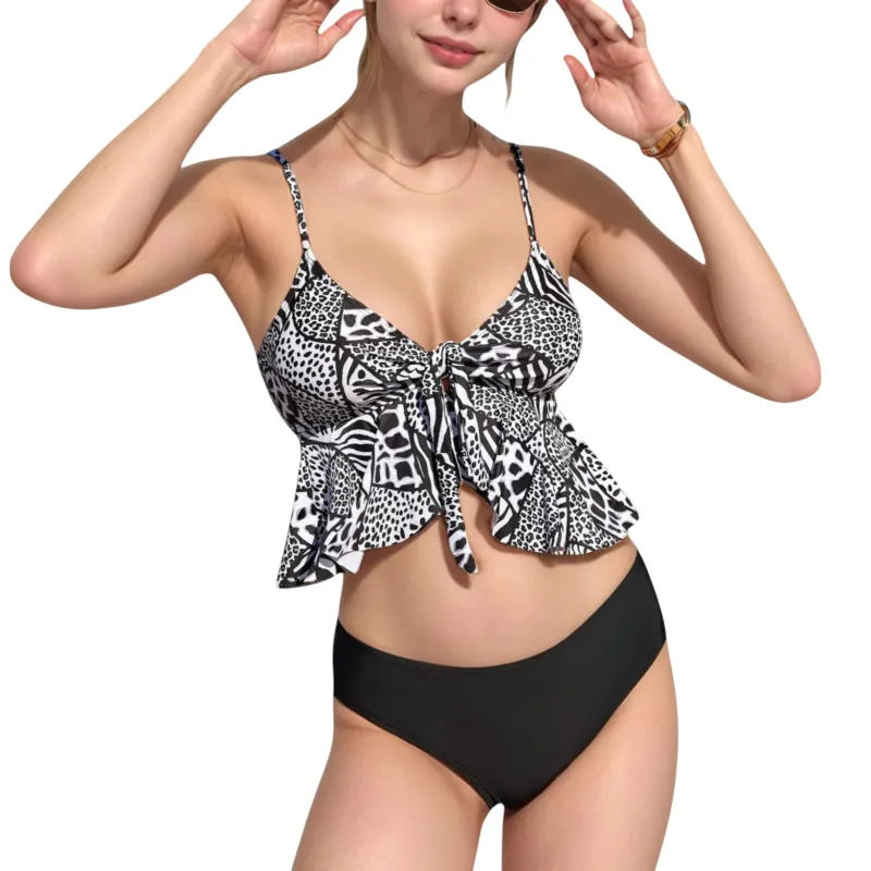 Anna-Kaci Swim Women's Ruffle Tankini Bikini Set with Tropical Leaf Print Bow Front Detail and Adjustable Straps for a Comfortable Fit sold by Anna-Kaci