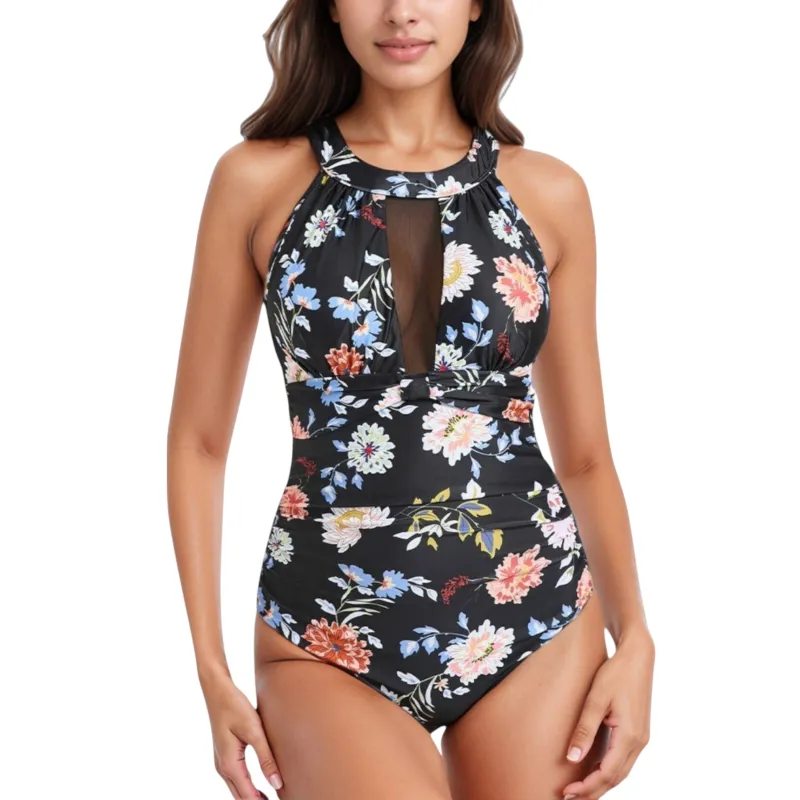 Anna-Kaci Swim Women's Halter Neck One Piece Swimsuit with Keyhole Front Detail and Floral Patterned Bodice for a Feminine and Flattering Look sold by Anna-Kaci