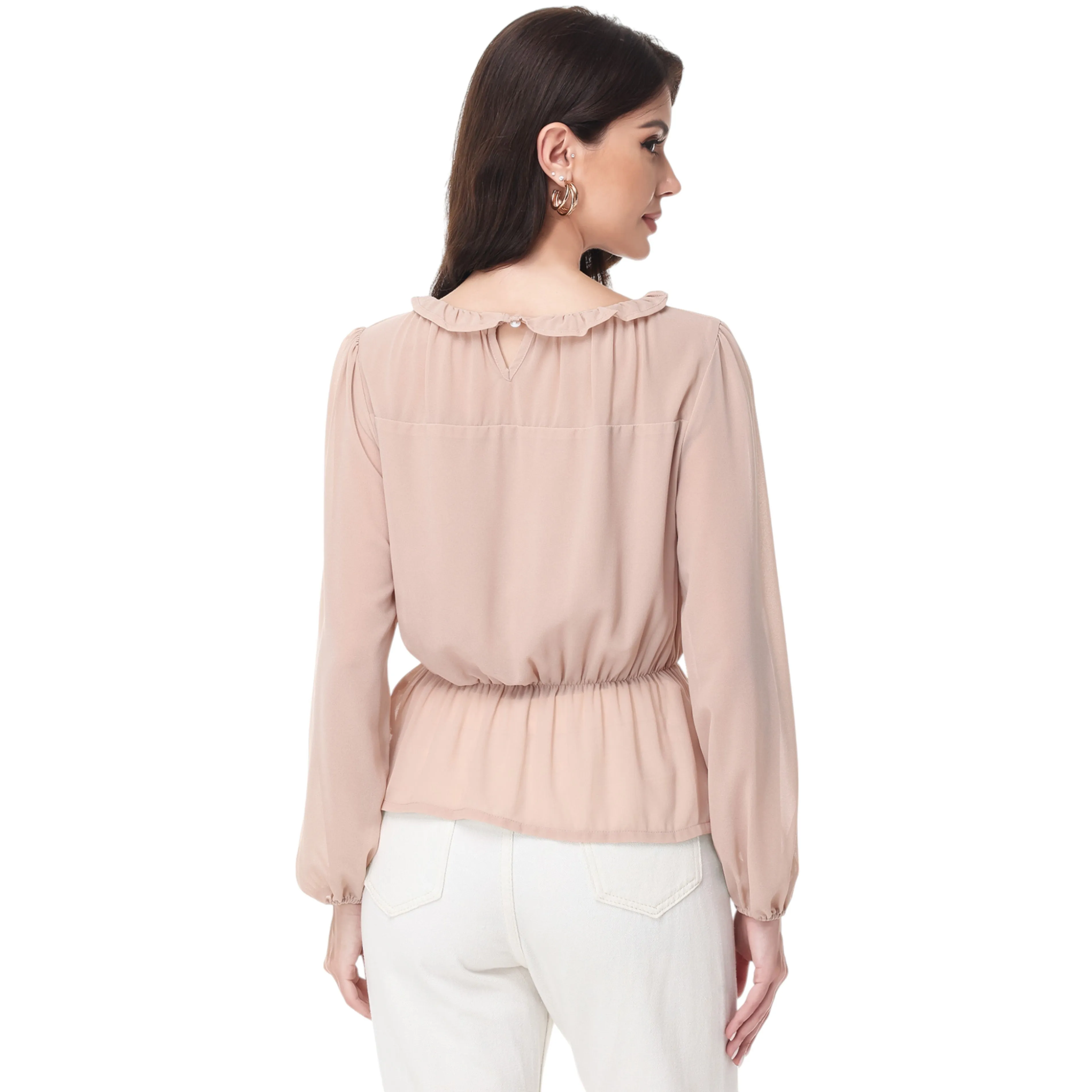 Anna-Kaci Women's Long Sleeve Blouse with Ruffle Neckline and Cinched Waist Detail sold by Anna-Kaci product image thumbnail 5