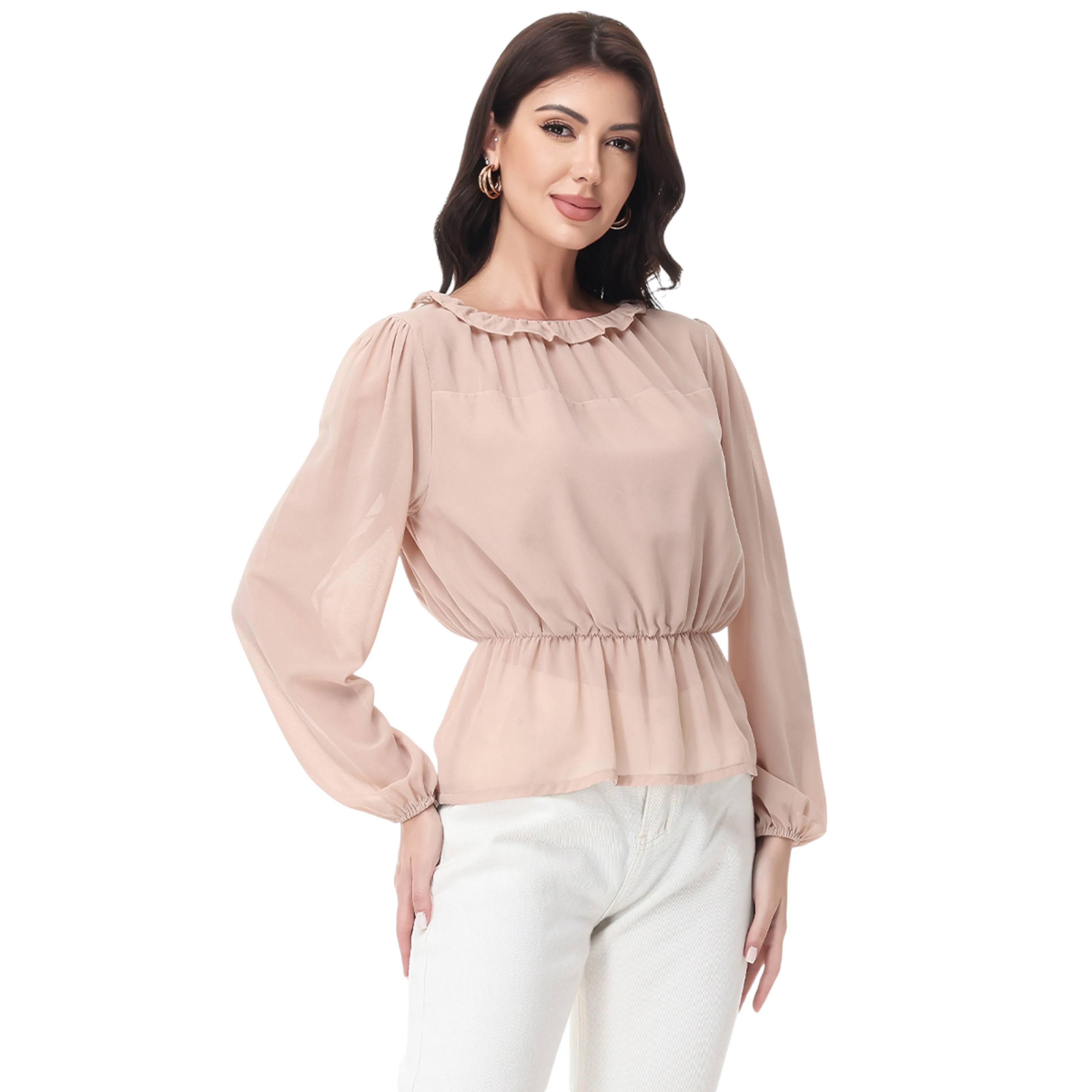 Anna-Kaci Women's Long Sleeve Blouse with Ruffle Neckline and Cinched Waist Detail sold by Anna-Kaci product image thumbnail 4