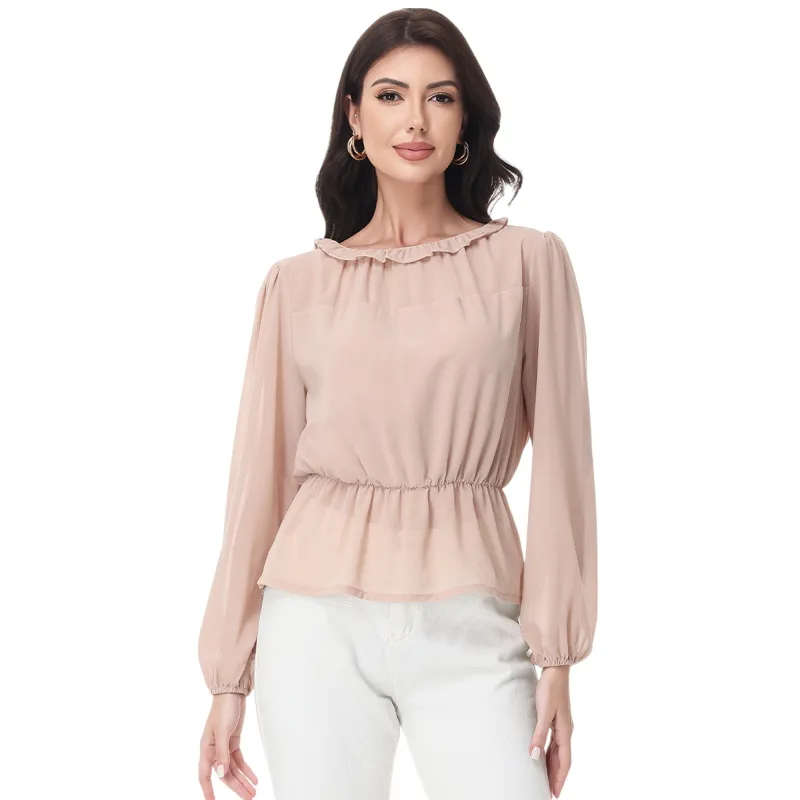 Anna-Kaci Women's Long Sleeve Blouse with Ruffle Neckline and Cinched Waist Detail sold by Anna-Kaci