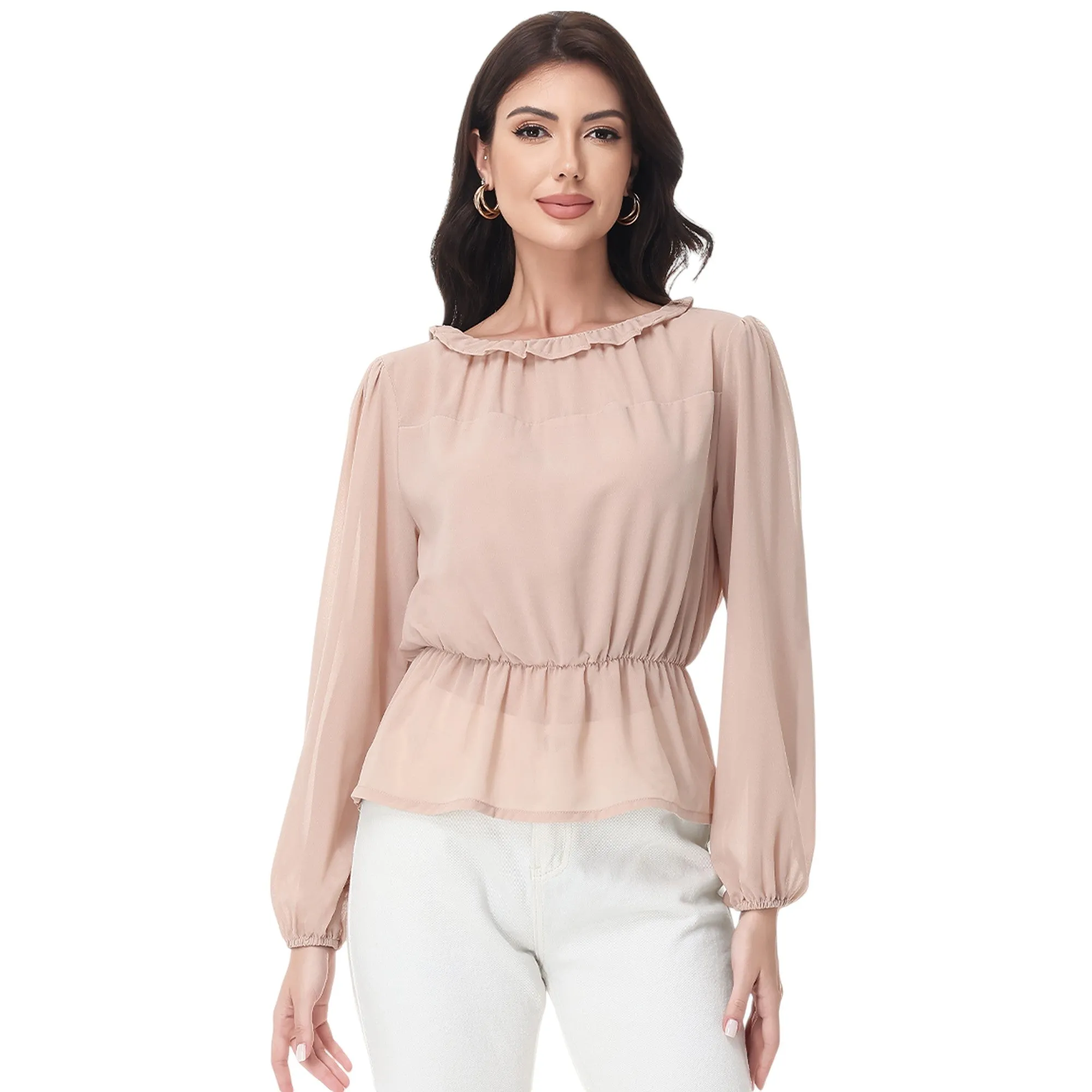 Anna-Kaci Women's Long Sleeve Blouse with Ruffle Neckline and Cinched Waist Detail sold by Anna-Kaci