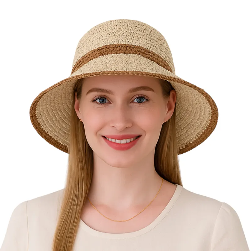 Anna-Kaci Packable Crochet Straw Bucket Hat with Two-Tone Design Lightweight Summer Sun Hat for Beach Travel Hiking Outdoor Use sold by Anna-Kaci