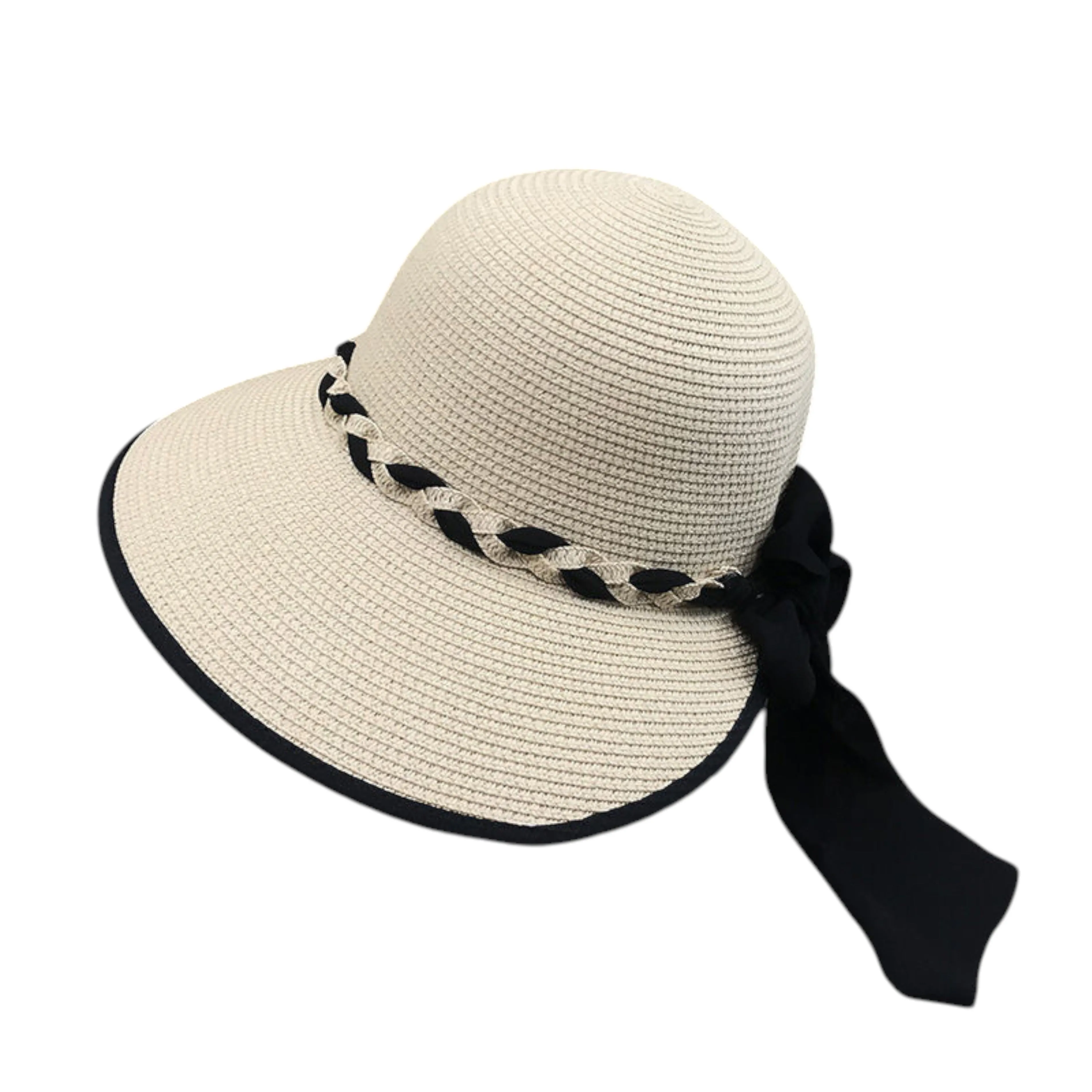 Anna-Kaci Women's Wide Brim Straw Hat with Braided Band and Contrast Bow Detail sold by Anna-Kaci