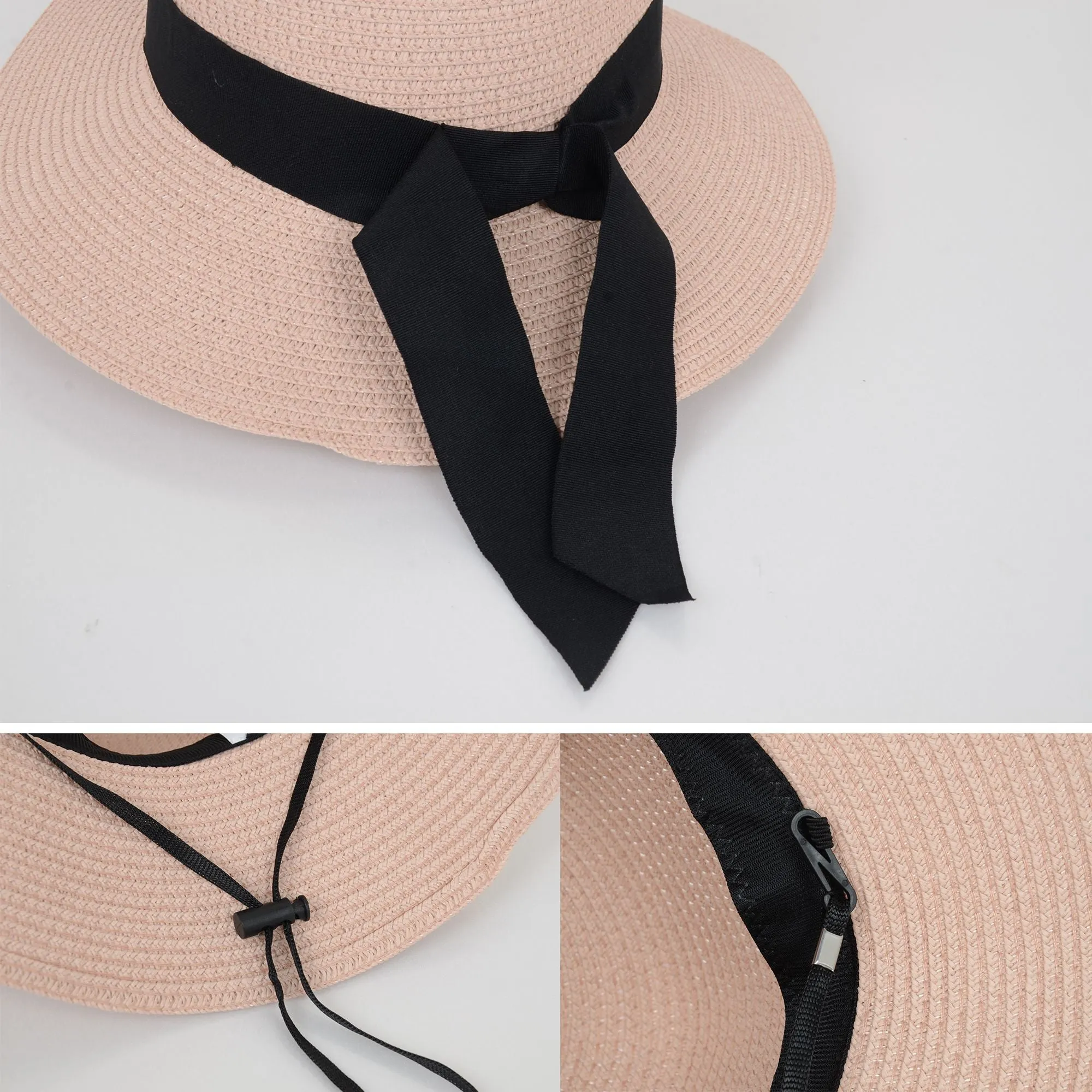 Anna-Kaci Wide Brim Straw Sun Hat with Black Ribbon Bow Adjustable Chin Strap Inner Sweatband for Outdoor and Travel Use sold by Anna-Kaci product image thumbnail 5