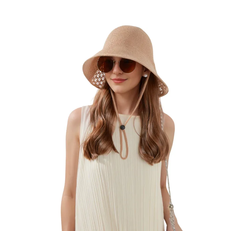 Anna-Kaci Crochet Bucket Hat with Adjustable Chin Strap and Back Button Eyelet Panel for Sun Protection sold by Anna-Kaci