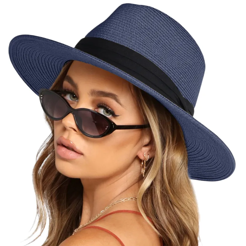 Anna-Kaci Wide Brim Straw Fedora Sun Hat with Black Band Lightweight Packable Summer Panama Hat for UV Protection sold by Anna-Kaci