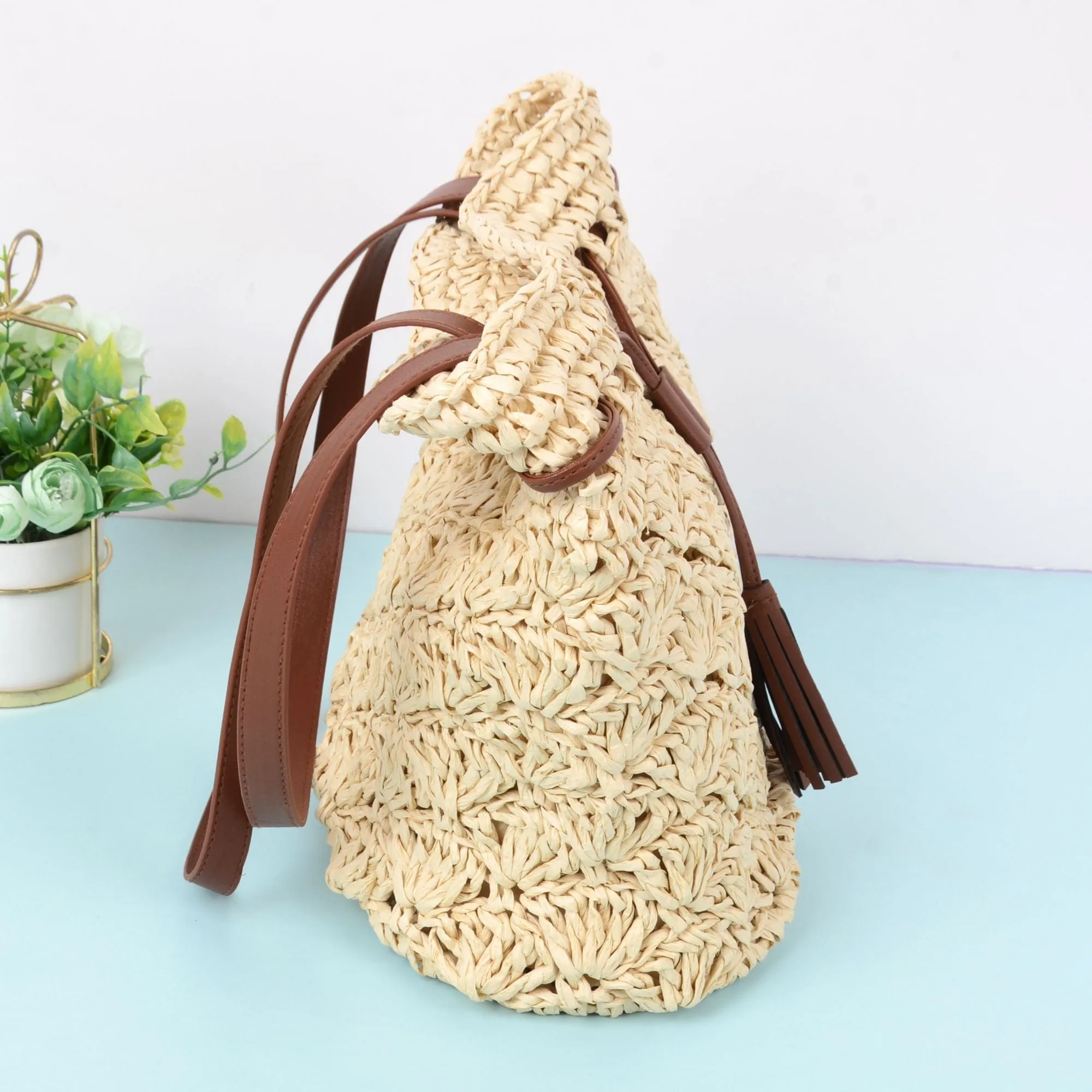 Anna-Kaci Women's Rustic Straw Shoulder Bag with Leather Accents sold by Anna-Kaci product image thumbnail 3