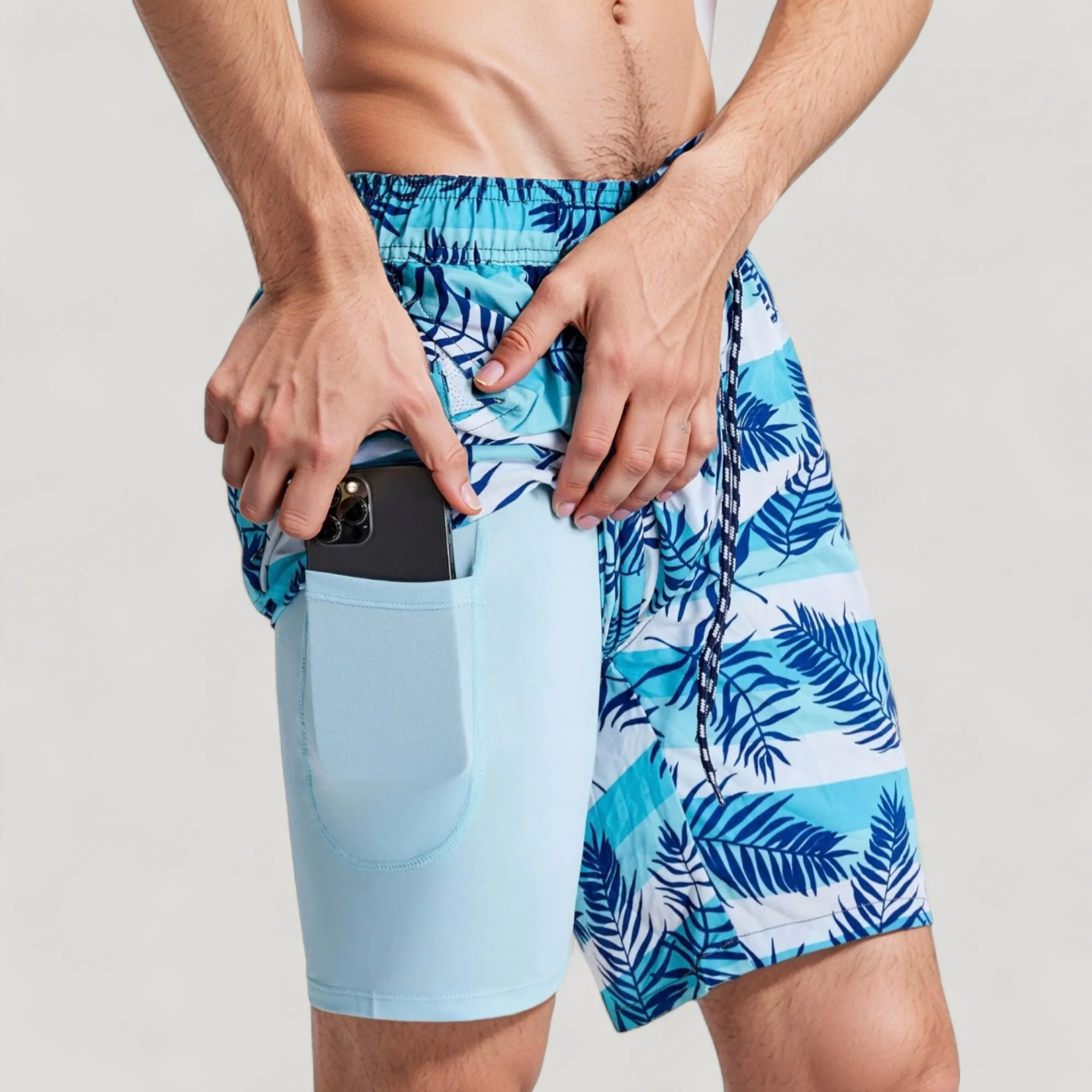 Anna-Kaci Swim Men's Tropical Leaf Print Swim Trunks with Adjustable Drawstring Waist and Quick-Dry Striped Fabric sold by Anna-Kaci product image thumbnail 4