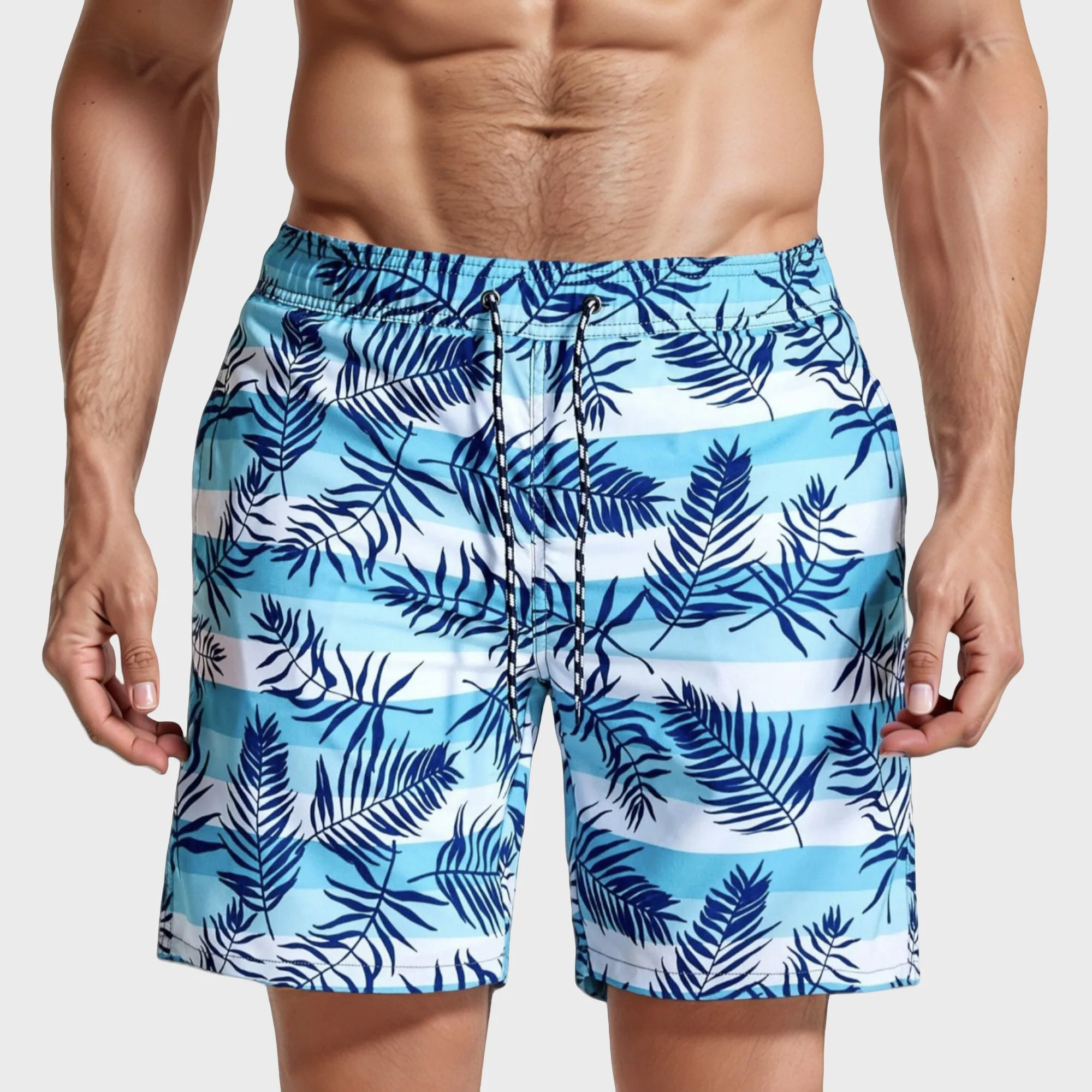 Anna-Kaci Swim Men's Tropical Leaf Print Swim Trunks with Adjustable Drawstring Waist and Quick-Dry Striped Fabric sold by Anna-Kaci