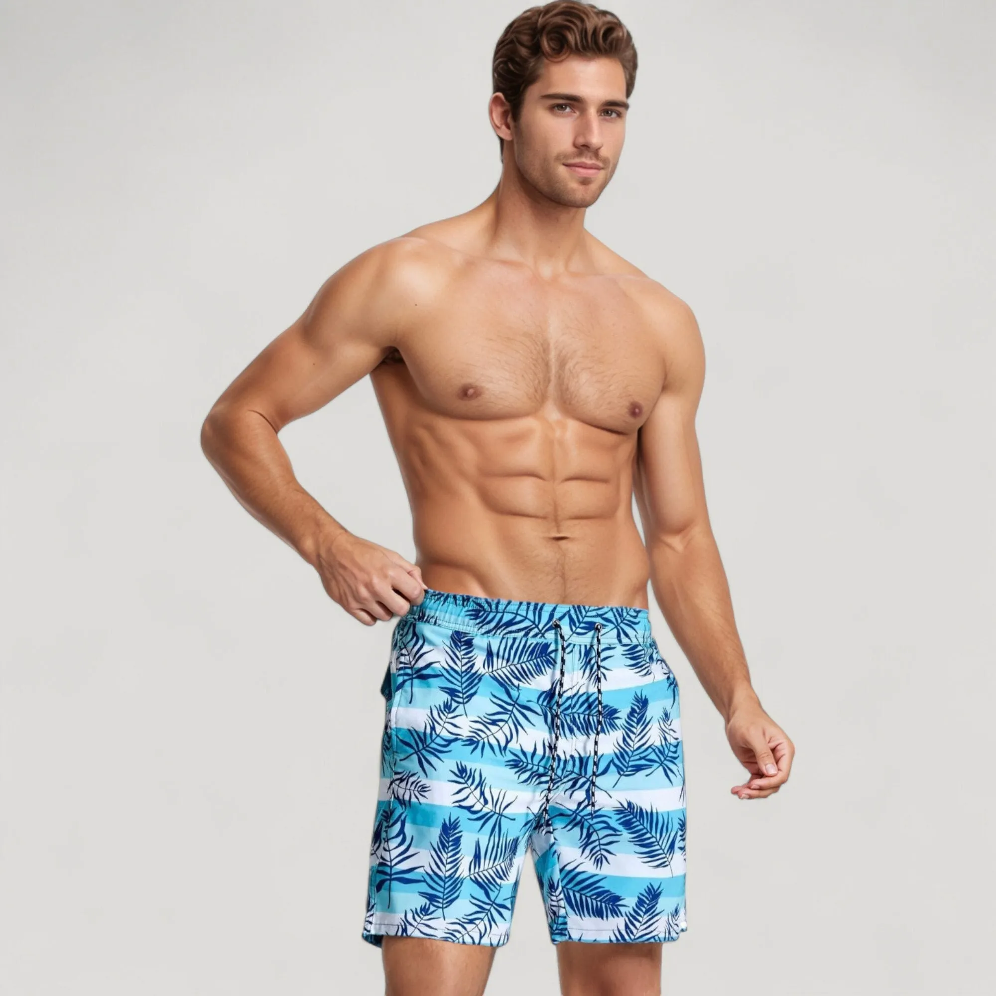 Anna-Kaci Swim Men's Tropical Leaf Print Swim Trunks with Adjustable Drawstring Waist and Quick-Dry Striped Fabric sold by Anna-Kaci product image thumbnail 2