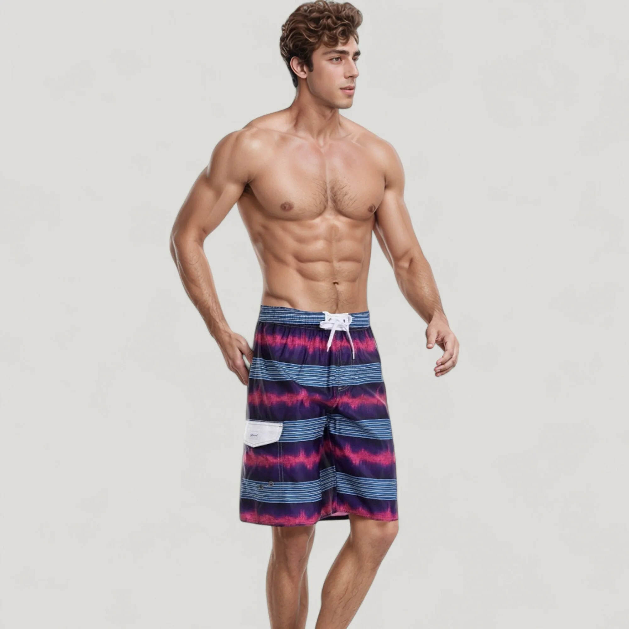 Anna-Kaci Swim Men's Vibrant Stripe Swim Trunks with Wave-Inspired Pattern and Drawstring Waistband in Quick-Dry Fabric sold by Anna-Kaci product image thumbnail 3