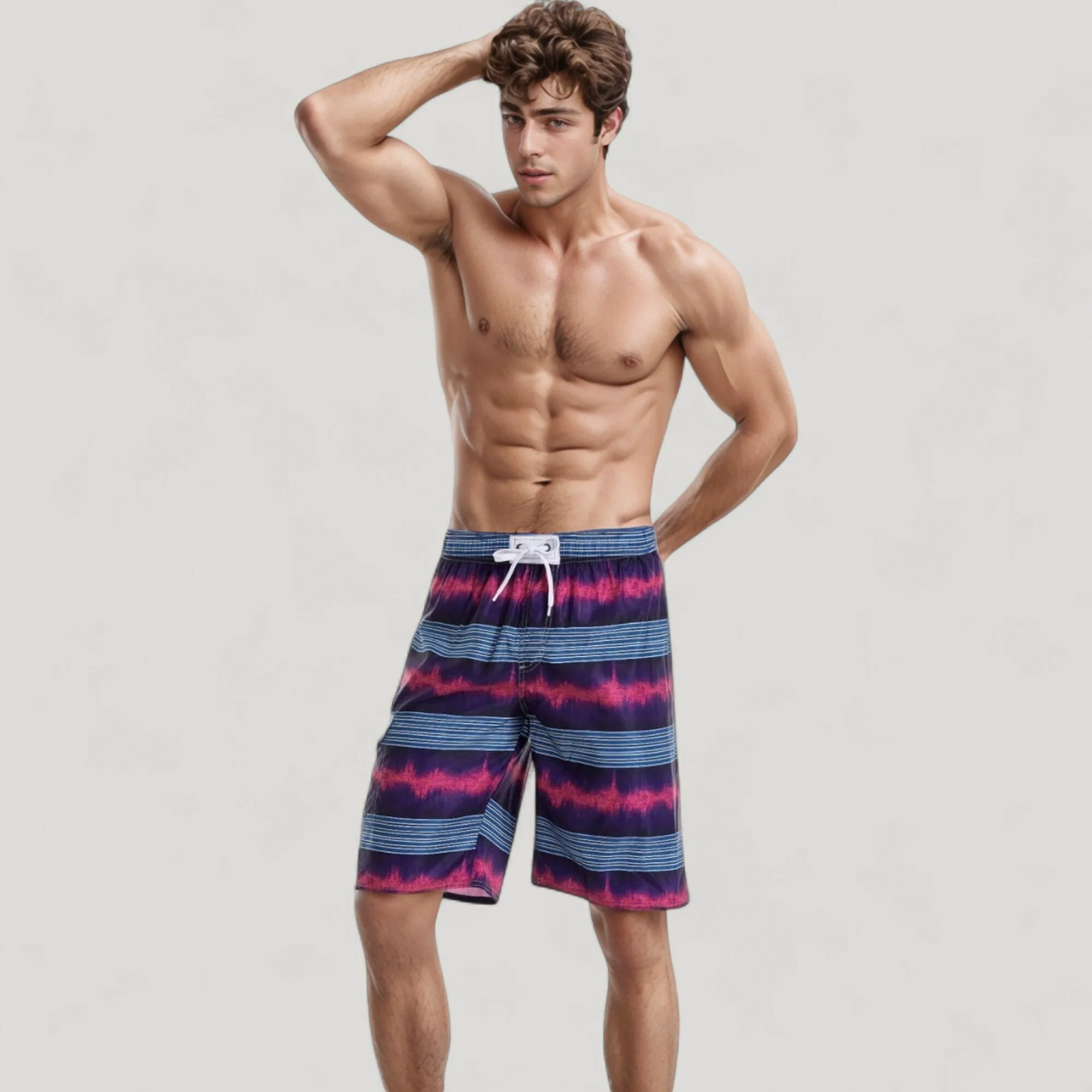 Anna-Kaci Swim Men's Vibrant Stripe Swim Trunks with Wave-Inspired Pattern and Drawstring Waistband in Quick-Dry Fabric sold by Anna-Kaci product image thumbnail 4