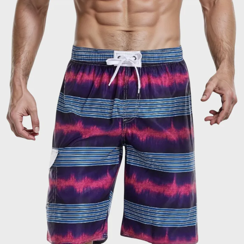Anna-Kaci Swim Men's Vibrant Stripe Swim Trunks with Wave-Inspired Pattern and Drawstring Waistband in Quick-Dry Fabric sold by Anna-Kaci