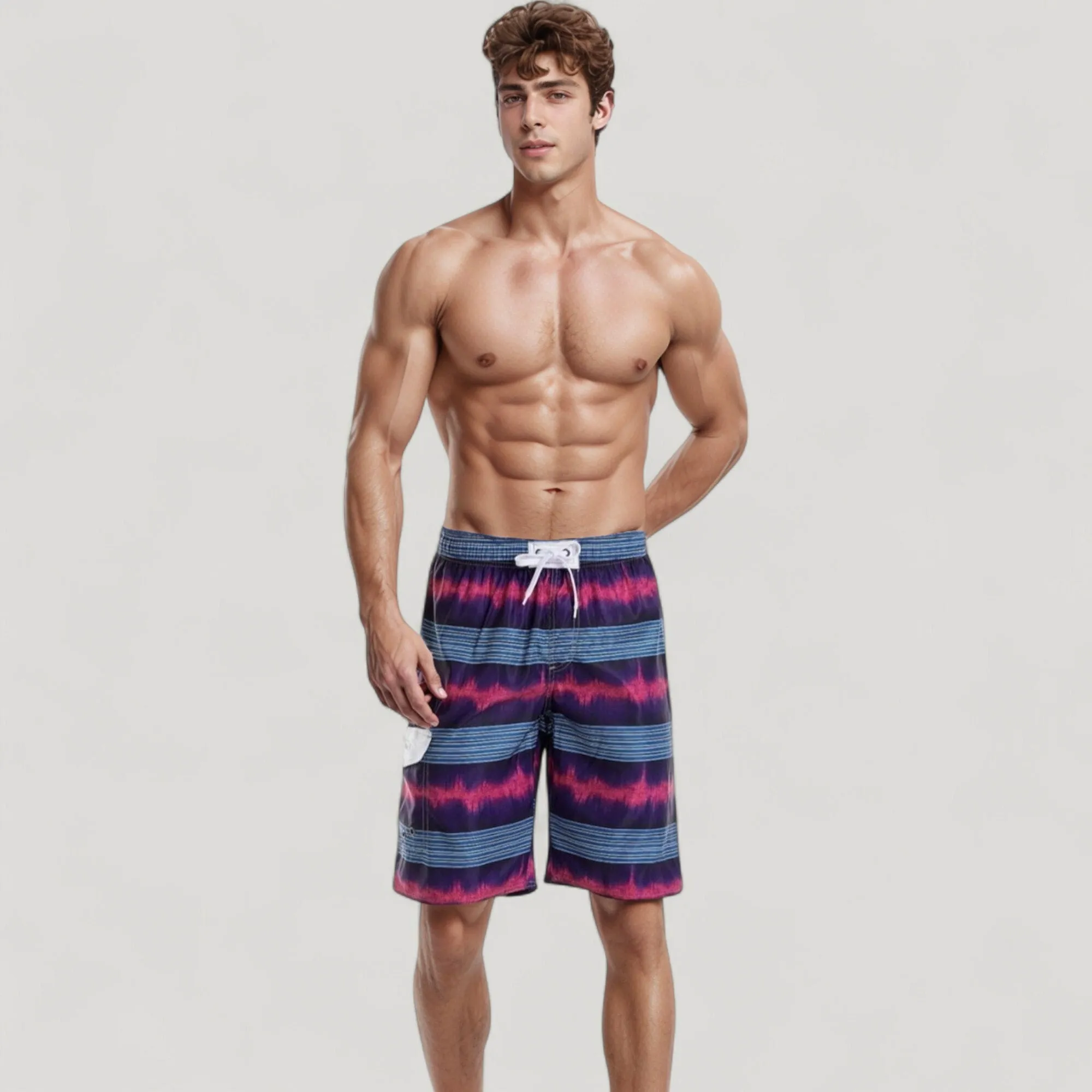 Anna-Kaci Swim Men's Vibrant Stripe Swim Trunks with Wave-Inspired Pattern and Drawstring Waistband in Quick-Dry Fabric sold by Anna-Kaci product image thumbnail 2