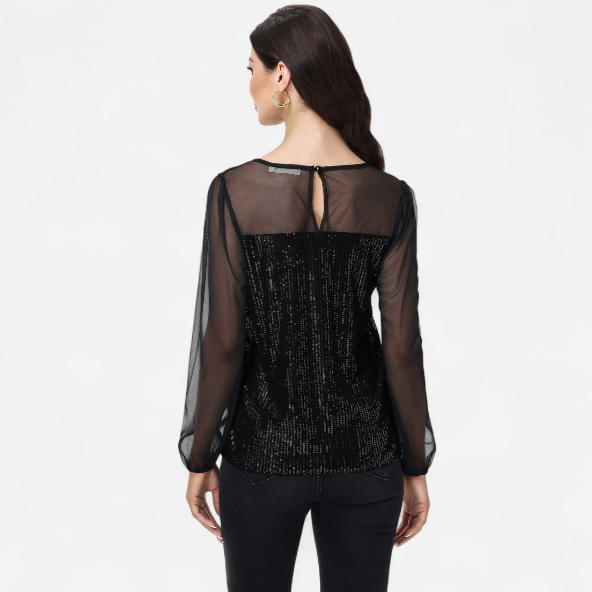 Anna-Kaci Women's Sheer Mesh Long Sleeve Top with Sequin Front Panel and Crew Neckline sold by Anna-Kaci product image thumbnail 3
