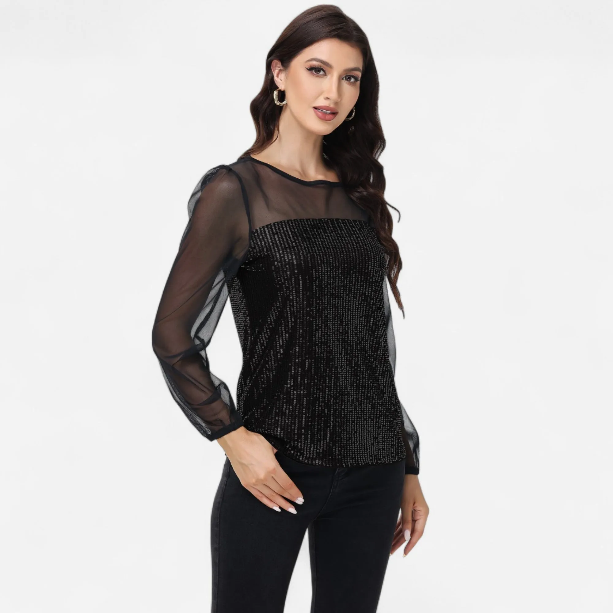 Anna-Kaci Women's Sheer Mesh Long Sleeve Top with Sequin Front Panel and Crew Neckline sold by Anna-Kaci product image thumbnail 4