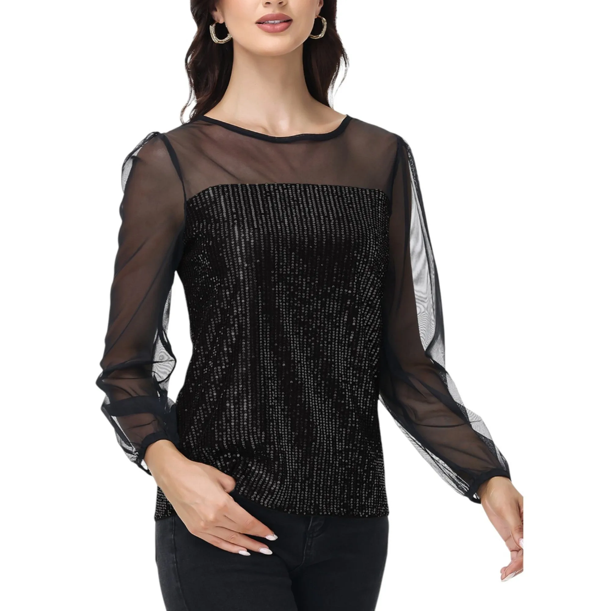 Anna-Kaci Women's Sheer Mesh Long Sleeve Top with Sequin Front Panel and Crew Neckline sold by Anna-Kaci