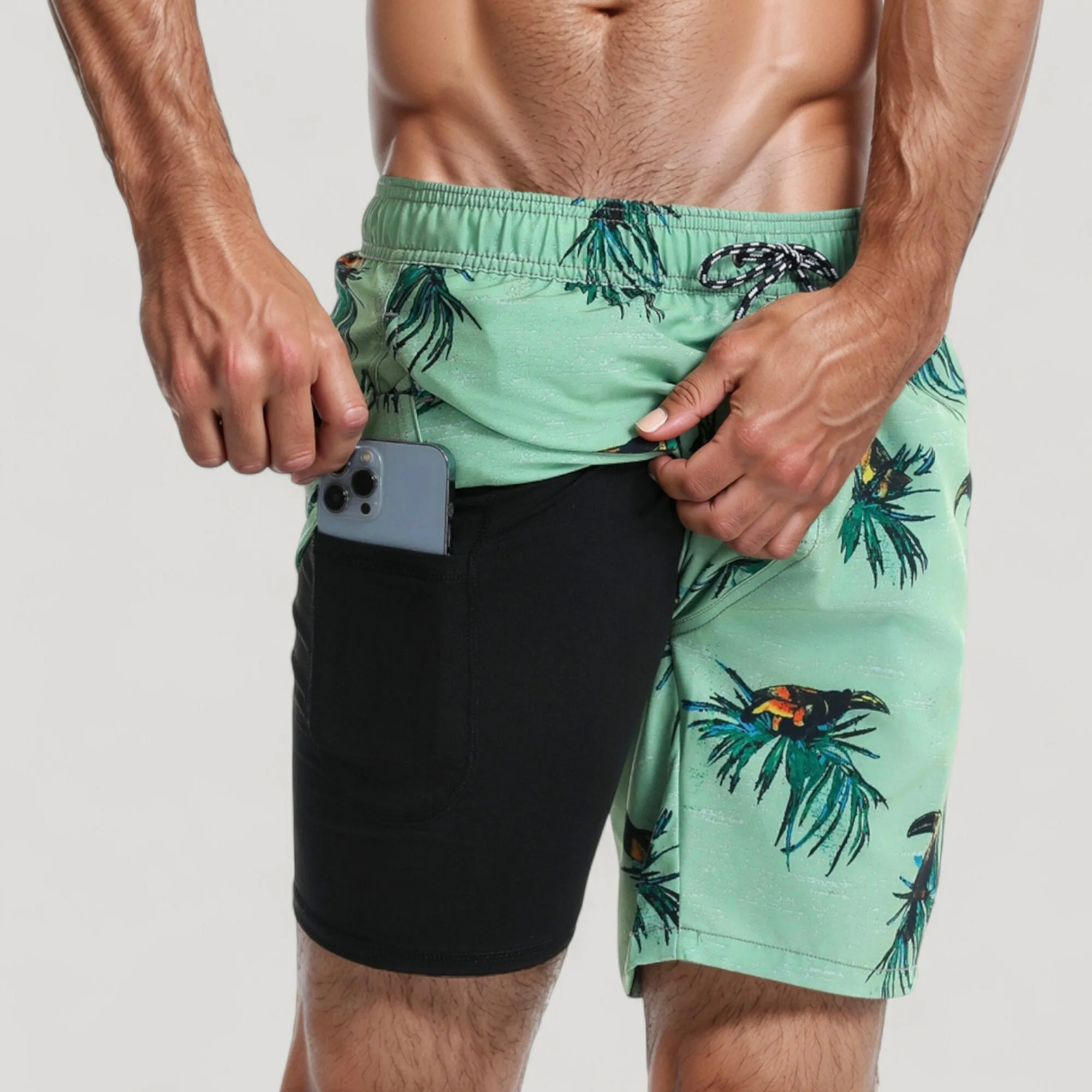 Anna-Kaci Swim Men's Tropical Toucan Print Swim Trunks with Elastic Drawstring Waist and Quick-Dry Lightweight Fabric sold by Anna-Kaci product image thumbnail 4