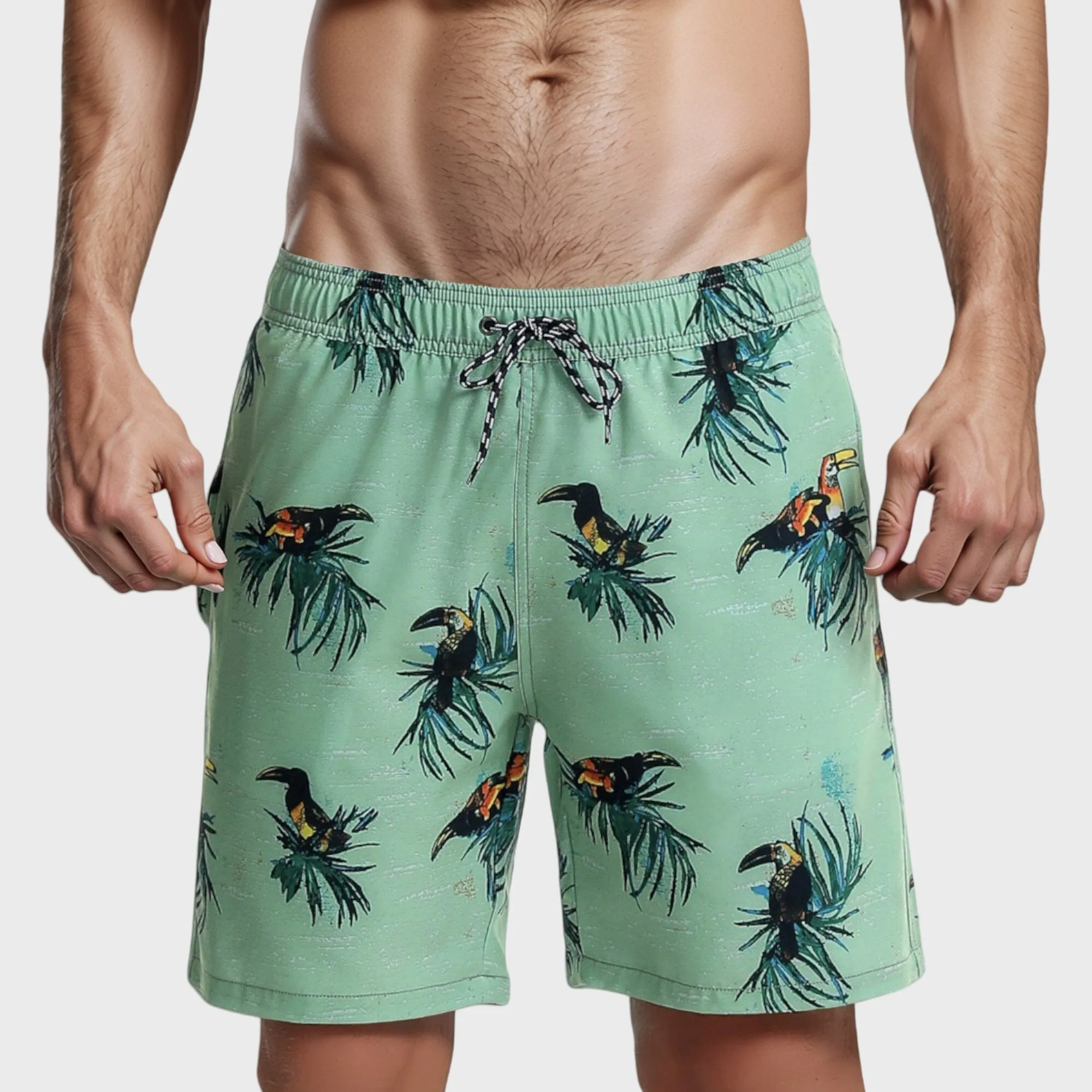 Anna-Kaci Swim Men's Tropical Toucan Print Swim Trunks with Elastic Drawstring Waist and Quick-Dry Lightweight Fabric sold by Anna-Kaci