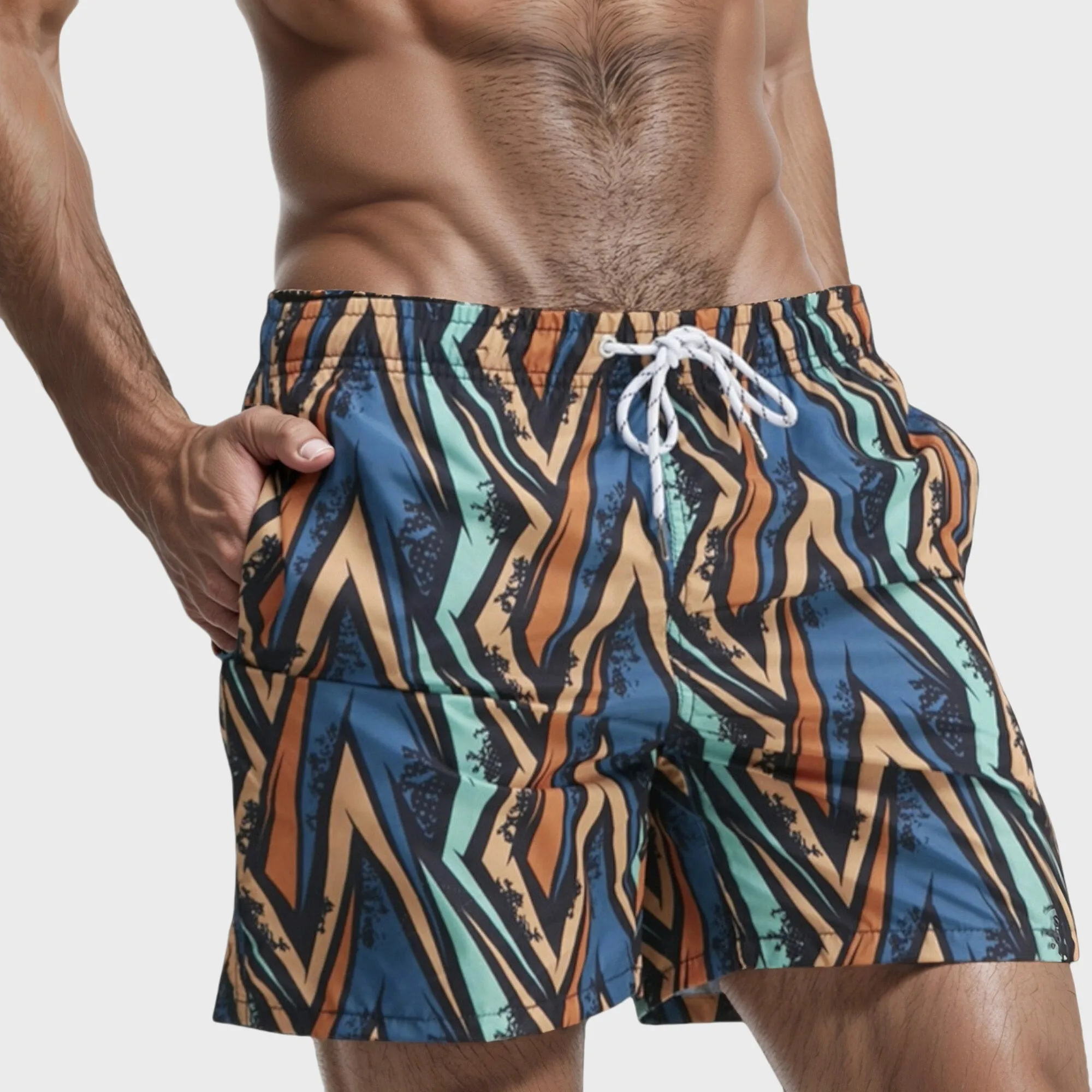 Anna-Kaci Swim Men's Geometric Zigzag Swim Trunks with Abstract Stripes Elastic Waist and Side Pockets sold by Anna-Kaci