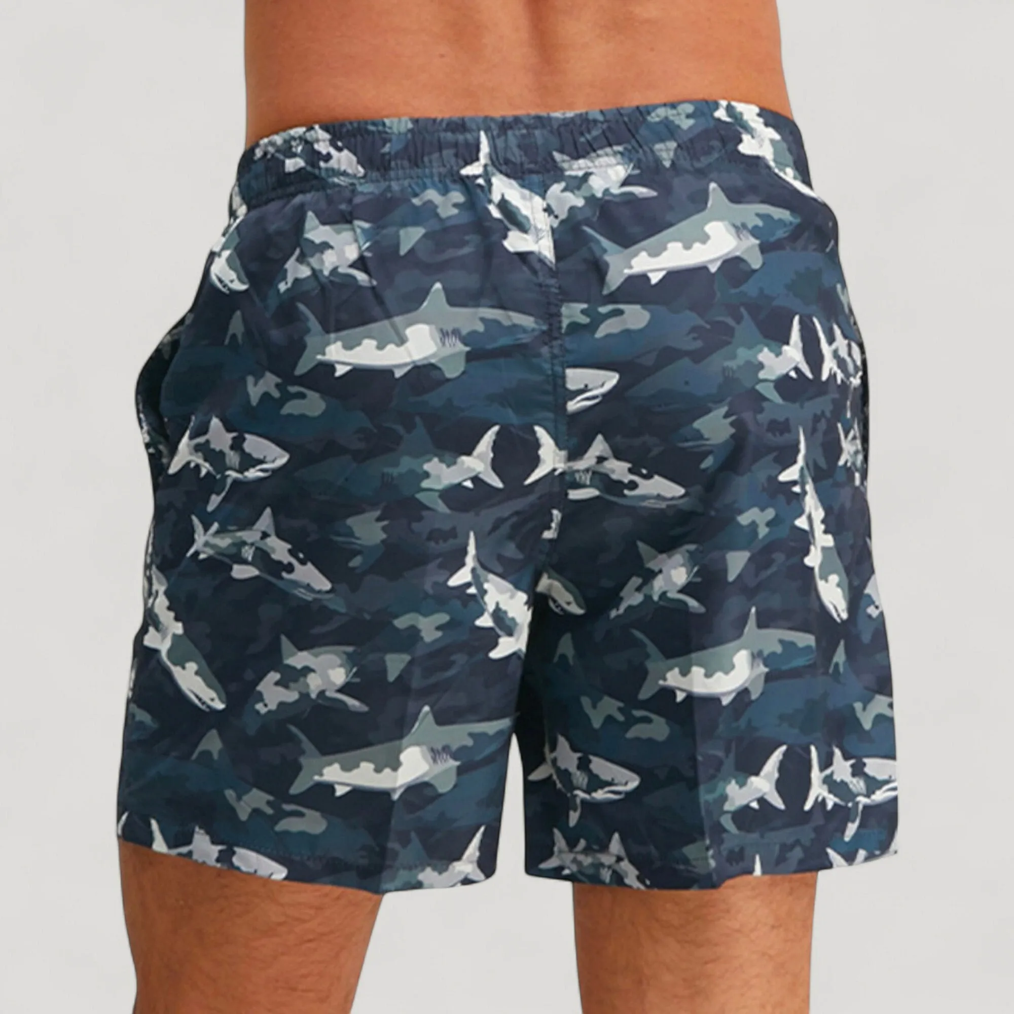 Anna-Kaci Swim Men's Shark Print Swim Trunks with Camouflage Background Drawstring Waistband and Side Pockets sold by Anna-Kaci product image thumbnail 2