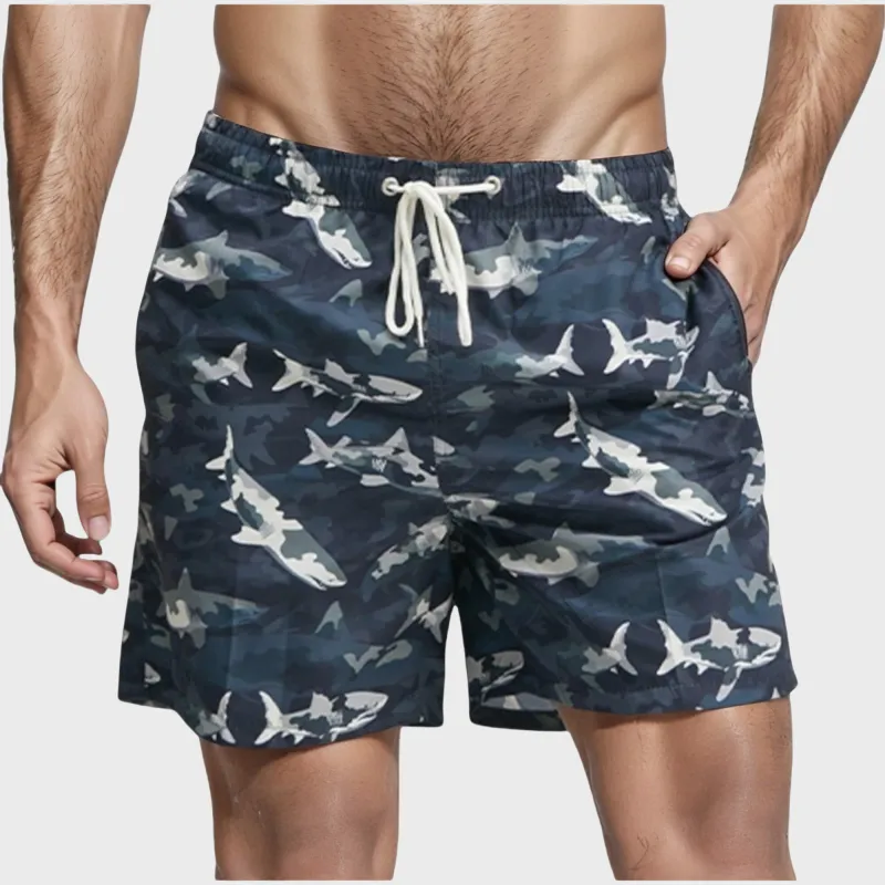 Anna-Kaci Swim Men's Shark Print Swim Trunks with Camouflage Background Drawstring Waistband and Side Pockets sold by Anna-Kaci