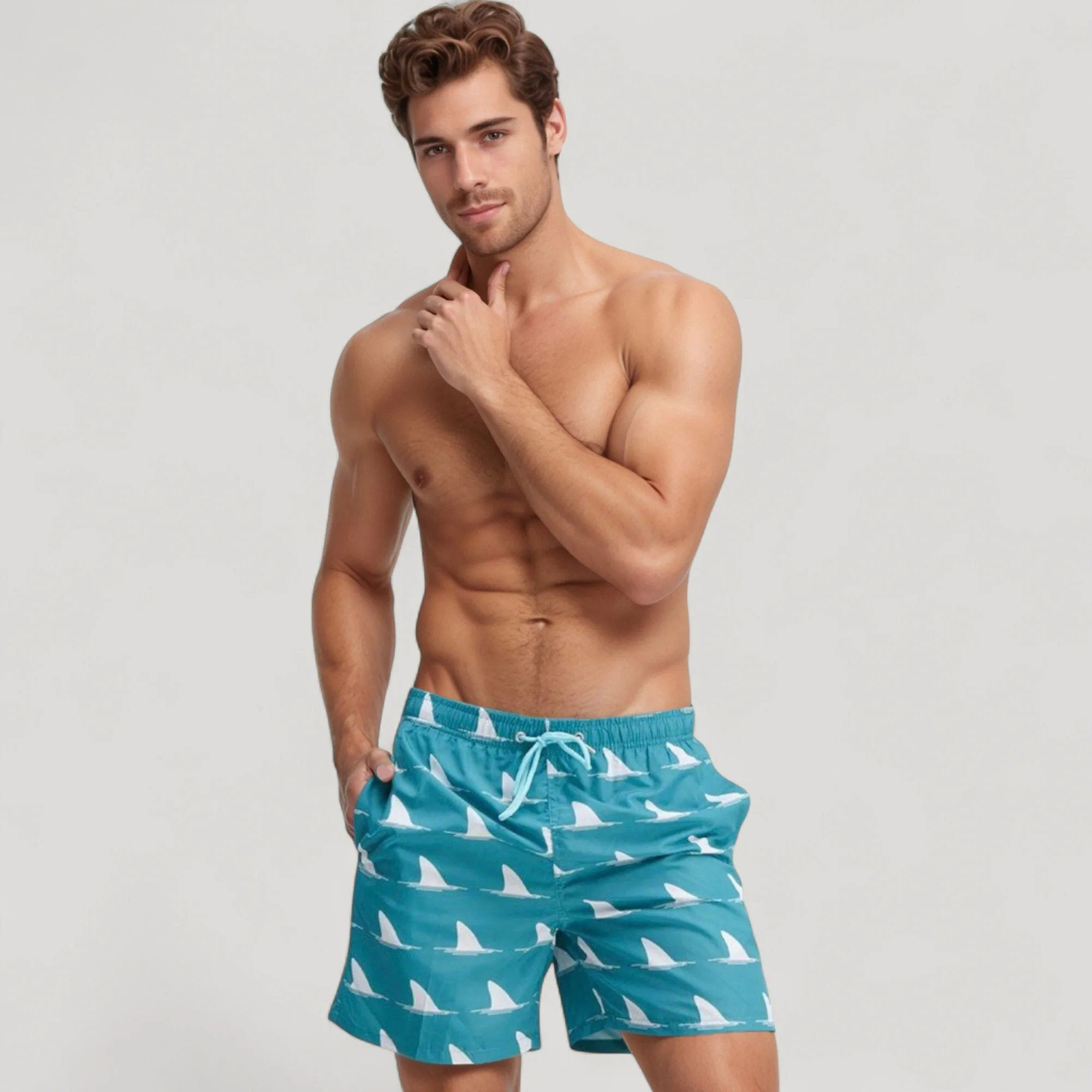 Anna-Kaci Swim Men's Shark Fin Print Swim Trunks with Quick-Dry Fabric and Adjustable Drawstring Waist for Bold Beachwear Style sold by Anna-Kaci product image thumbnail 3