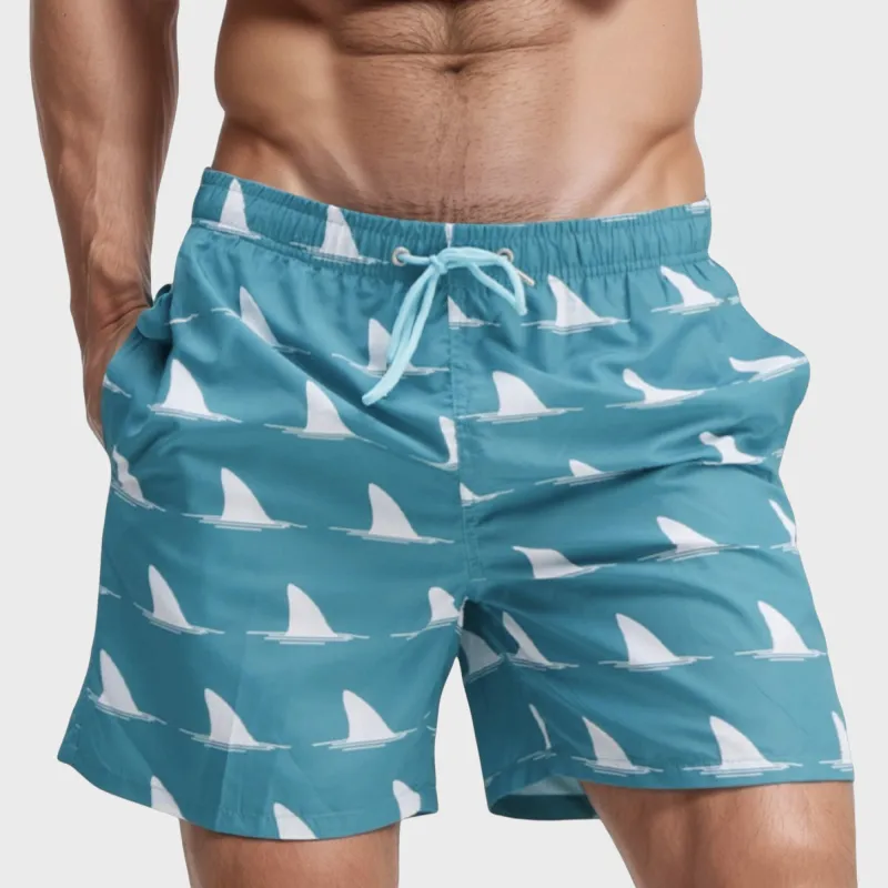 Anna-Kaci Swim Men's Shark Fin Print Swim Trunks with Quick-Dry Fabric and Adjustable Drawstring Waist for Bold Beachwear Style sold by Anna-Kaci