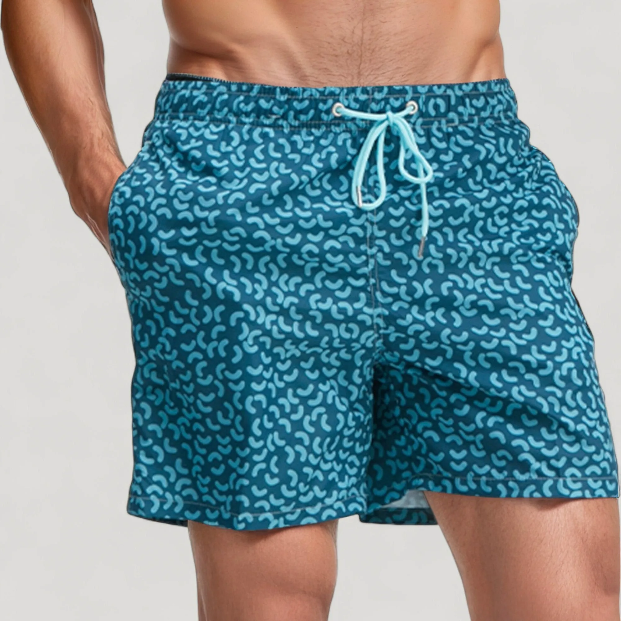 Anna-Kaci Swim Men's Blue Abstract Print Swim Trunks with Quick-Dry Fabric and Adjustable Drawstring Waist for Summer Wear sold by Anna-Kaci product image thumbnail 3