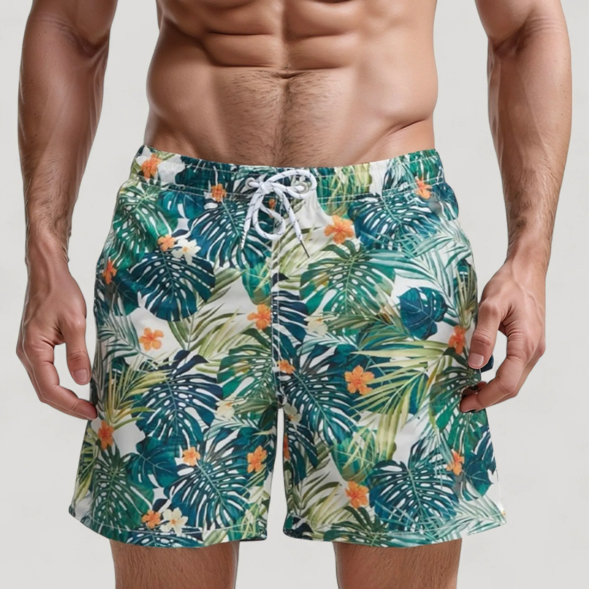 Anna-Kaci Swim Men's Tropical Leaf and Floral Print Swim Trunks with Quick-Dry Fabric and Drawstring Waist for Vibrant Beach Style sold by Anna-Kaci product image thumbnail 4