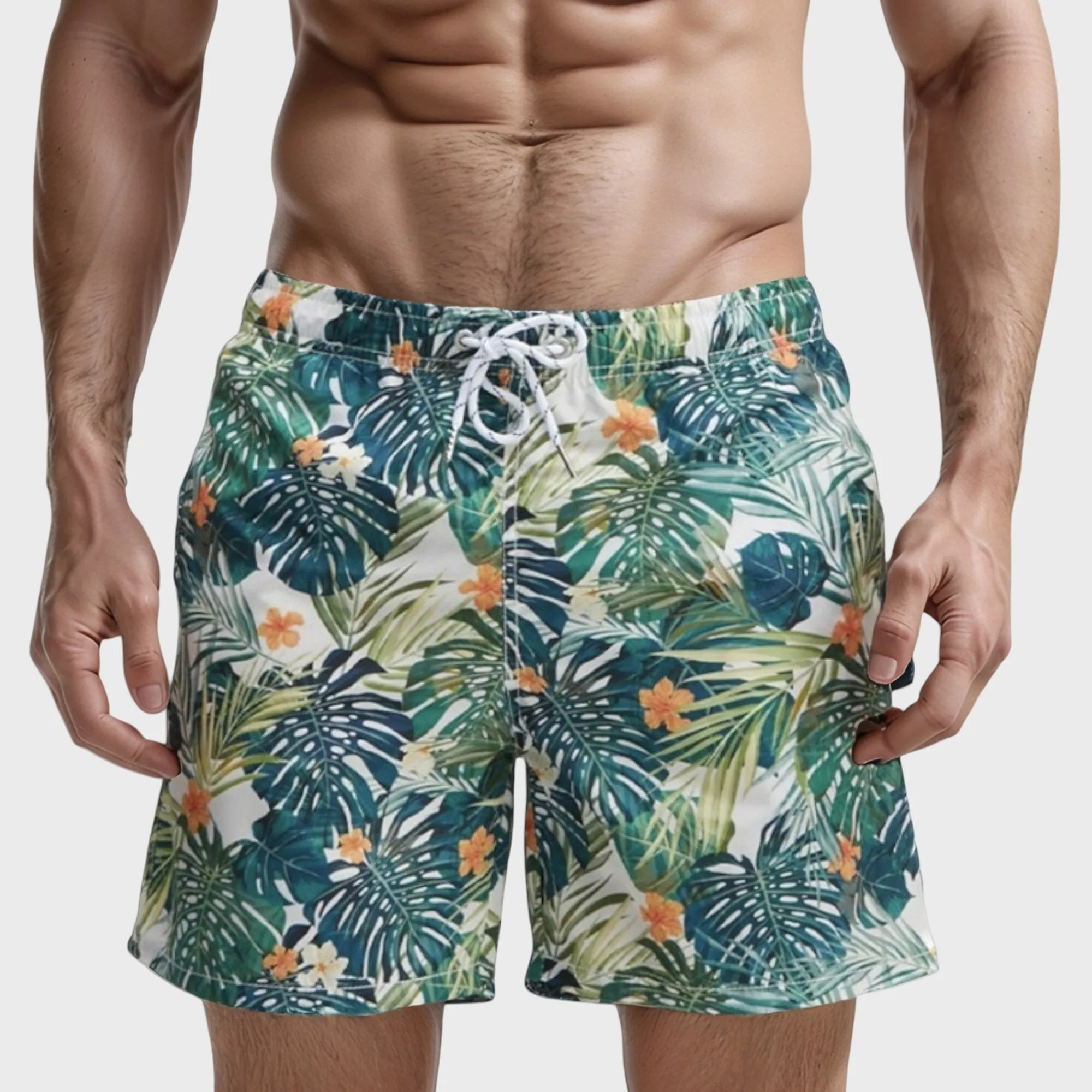 Anna-Kaci Swim Men's Tropical Leaf and Floral Print Swim Trunks with Quick-Dry Fabric and Drawstring Waist for Vibrant Beach Style sold by Anna-Kaci