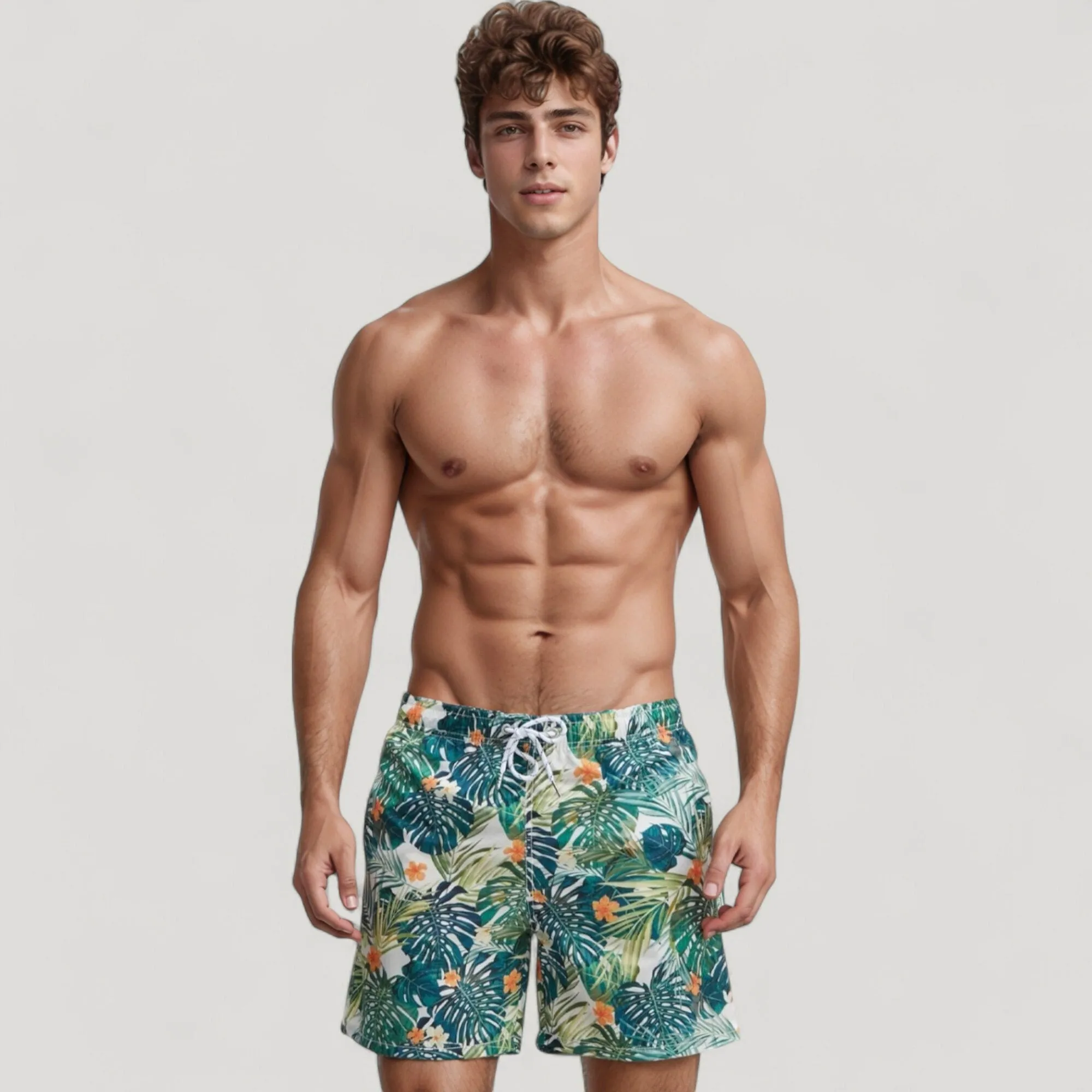 Anna-Kaci Swim Men's Tropical Leaf and Floral Print Swim Trunks with Quick-Dry Fabric and Drawstring Waist for Vibrant Beach Style sold by Anna-Kaci product image thumbnail 2
