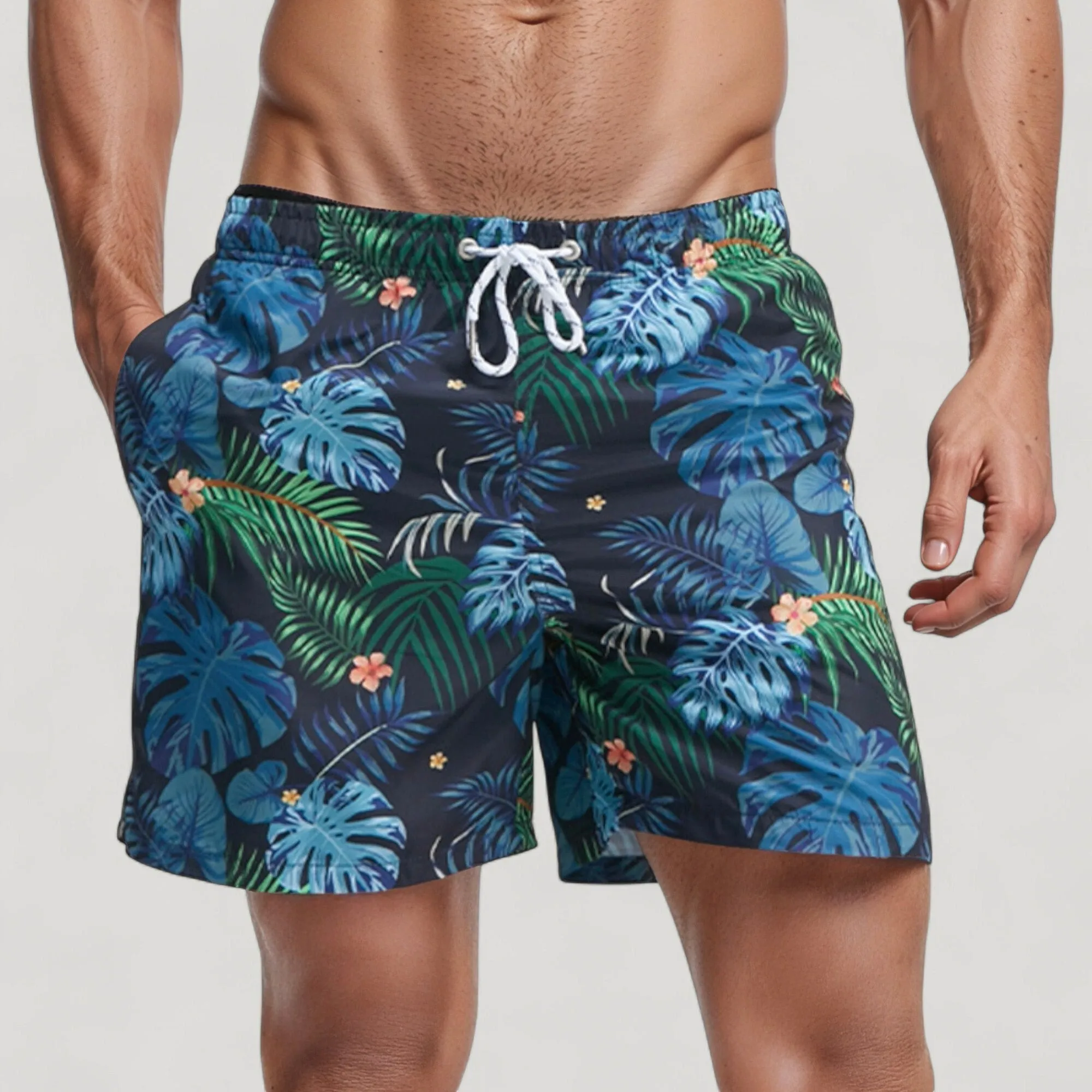 Anna-Kaci Swim Men's Tropical Leaf Print Swim Trunks with Quick-Dry Fabric and Drawstring Waistband for Beach and Pool Comfort sold by Anna-Kaci product image thumbnail 4