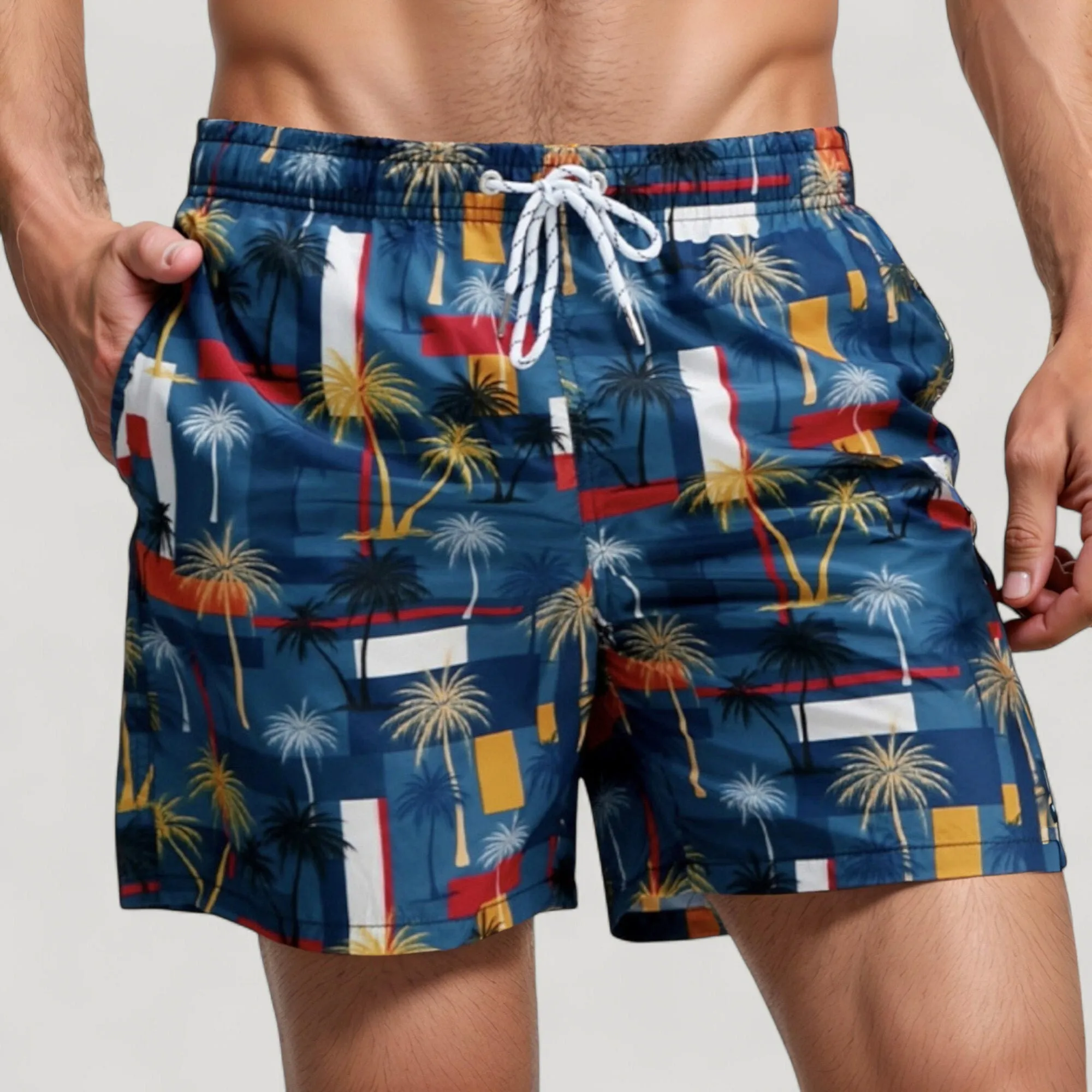 Anna-Kaci Swim Men's Geometric Palm Tree Swim Trunks with Quick-Dry Fabric and Adjustable Drawstring Waist for Bold Summer Style sold by Anna-Kaci product image thumbnail 4