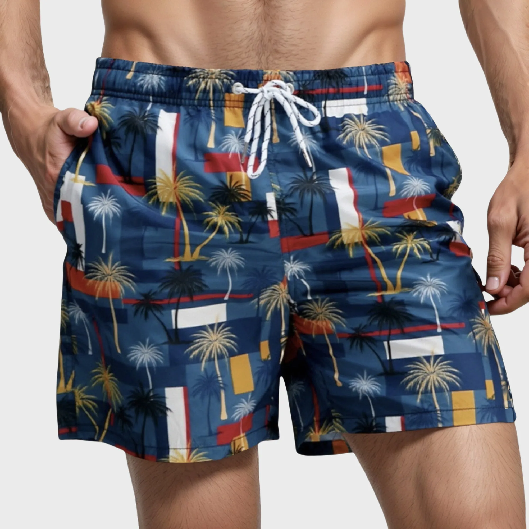 Anna-Kaci Swim Men's Geometric Palm Tree Swim Trunks with Quick-Dry Fabric and Adjustable Drawstring Waist for Bold Summer Style sold by Anna-Kaci