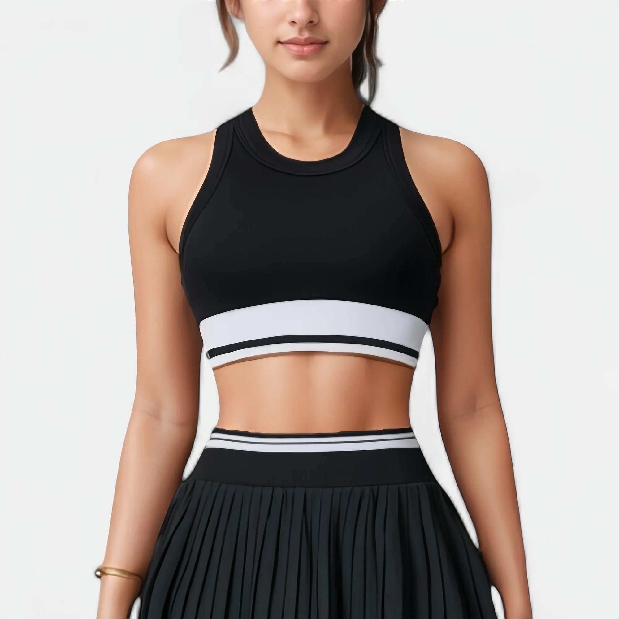 Anna-Kaci Active Women's High Neck Crop Top with Contrast Stripe Hem and Fitted Athletic Design sold by Anna-Kaci