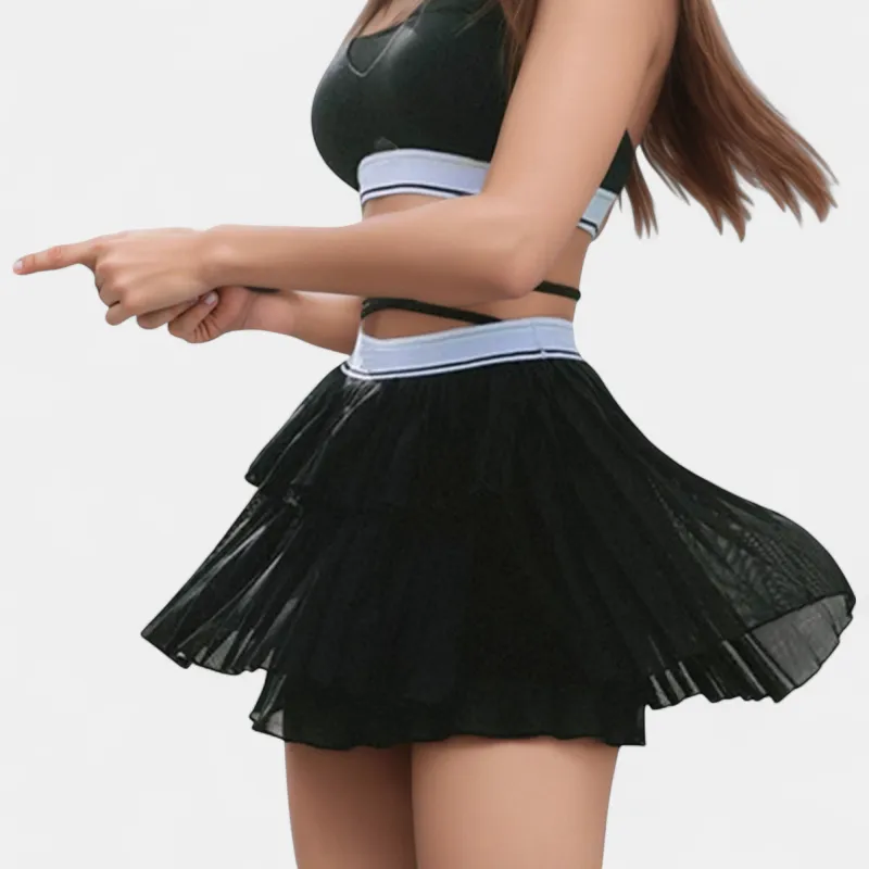 Anna-Kaci Active Women's Athletic Pleated Mini Skirt with Double Layer Mesh Design and Contrast Waistband sold by Anna-Kaci