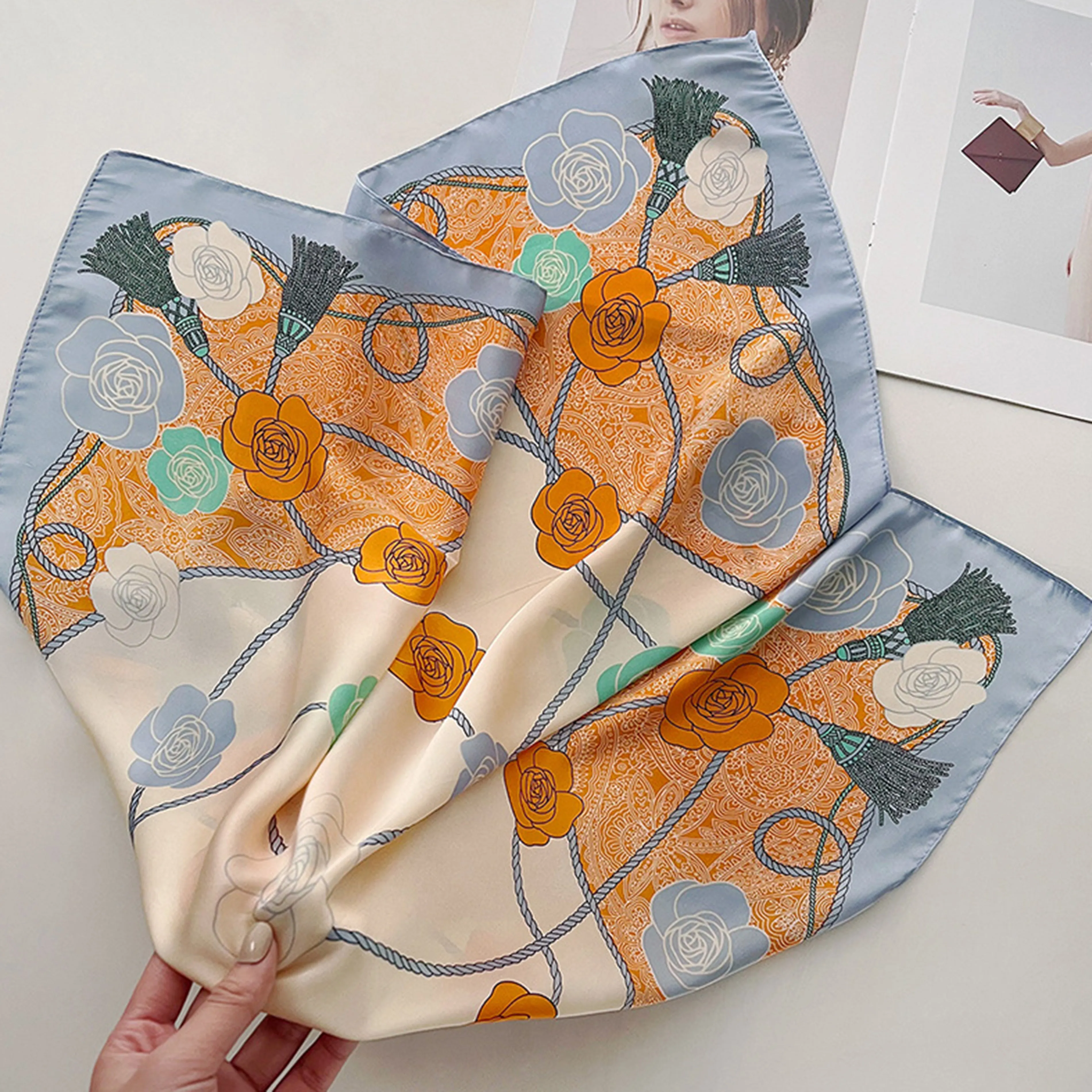 Anna-Kaci Women's Silky Square Scarf with Floral and Rope Print for Neck Hair or Bag Accessory sold by Anna-Kaci product image thumbnail 3