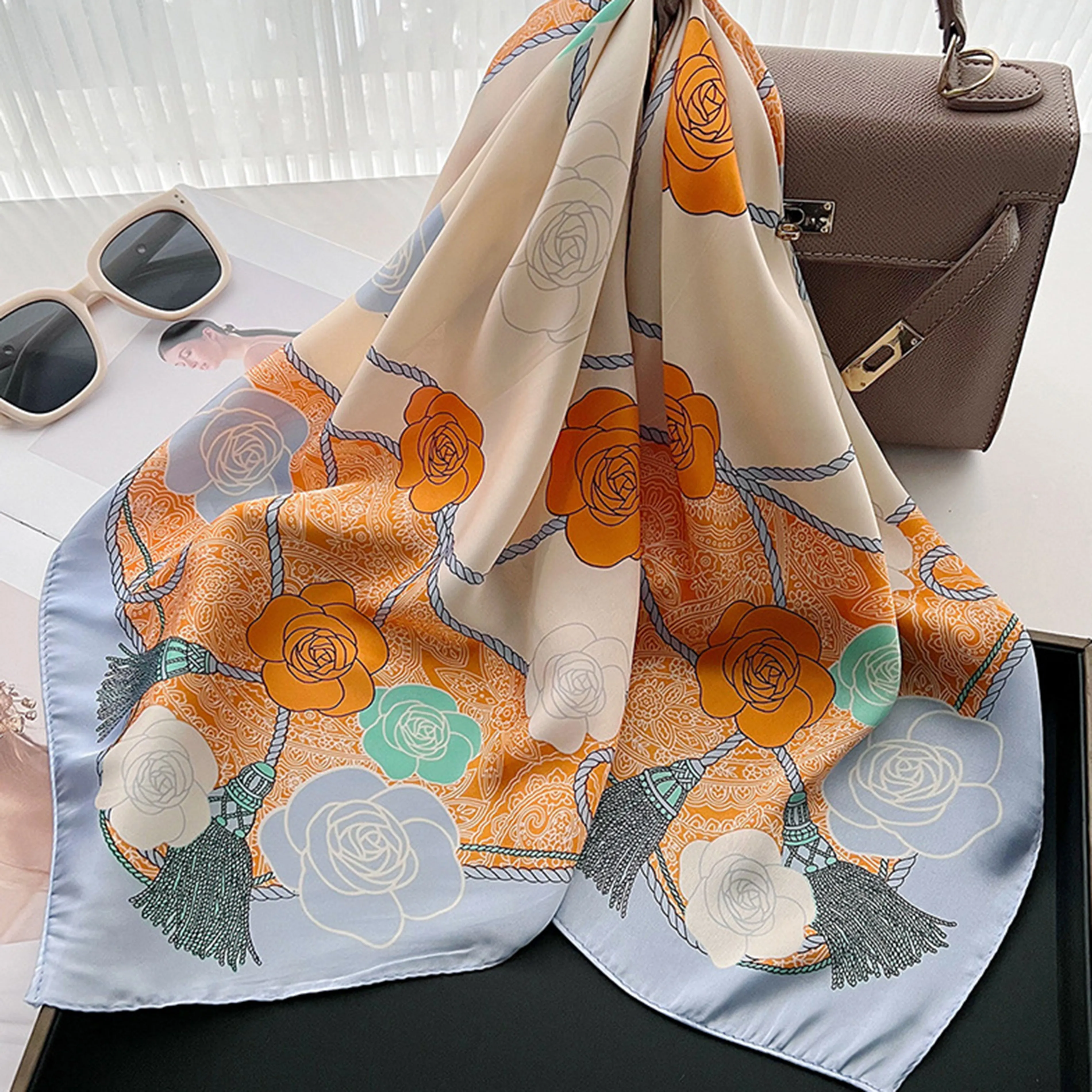 Anna-Kaci Women's Silky Square Scarf with Floral and Rope Print for Neck Hair or Bag Accessory sold by Anna-Kaci product image thumbnail 4